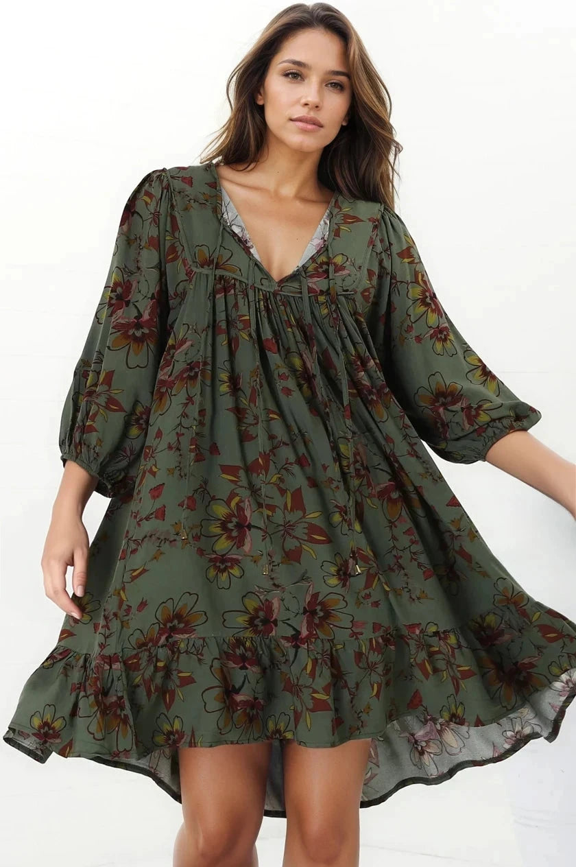 French Mini Dress - Yoke Neckline Dress with Matching Belt in Esme Print