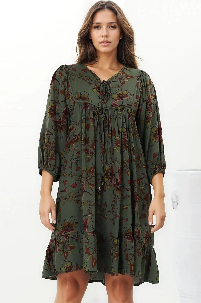 French Mini Dress - Yoke Neckline Dress with Matching Belt in Esme Print