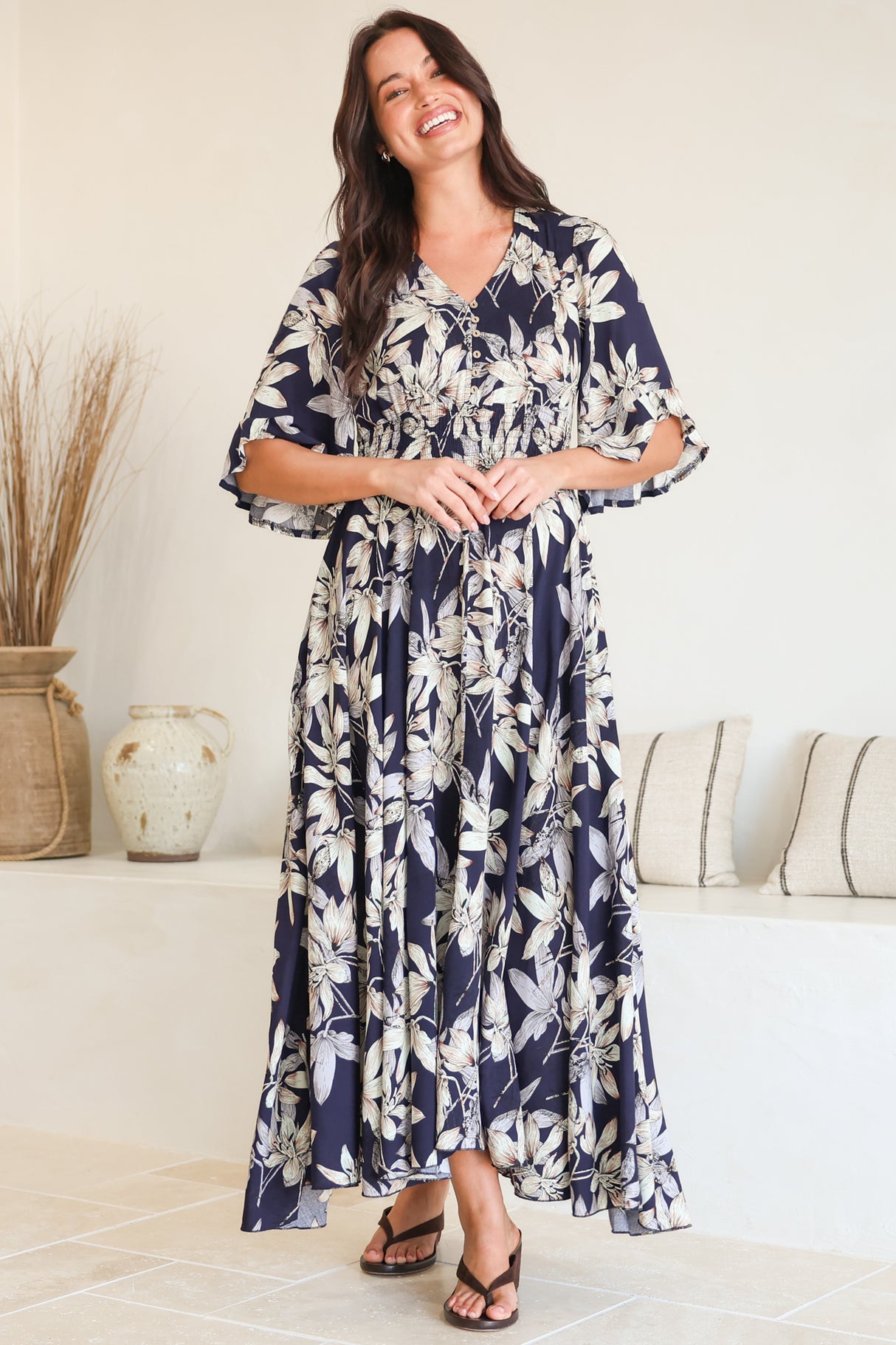 Frigg Maxi Dress - Buttoned Bodice A Line Dress With Flute Sleeves In Navy