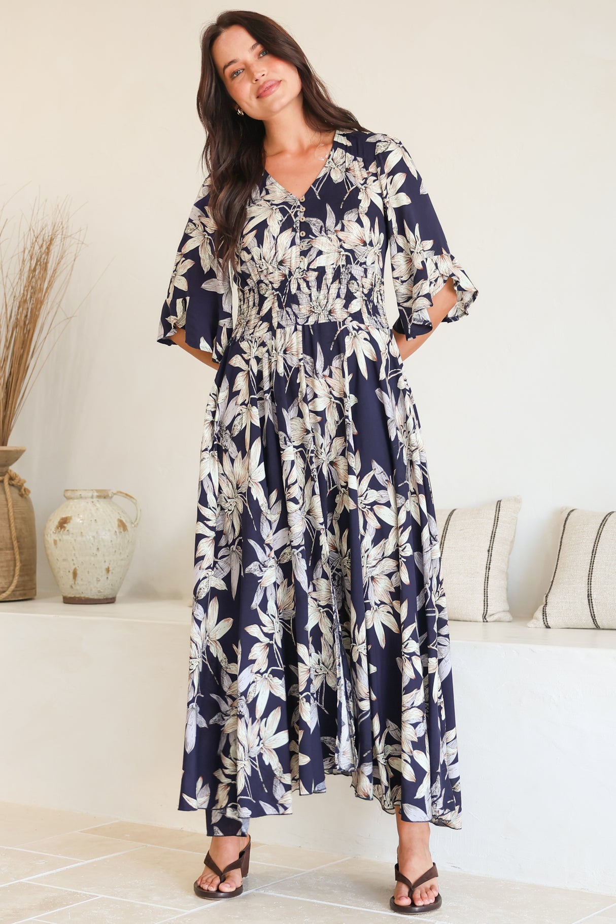Frigg Maxi Dress - Buttoned Bodice A Line Dress With Flute Sleeves In Navy