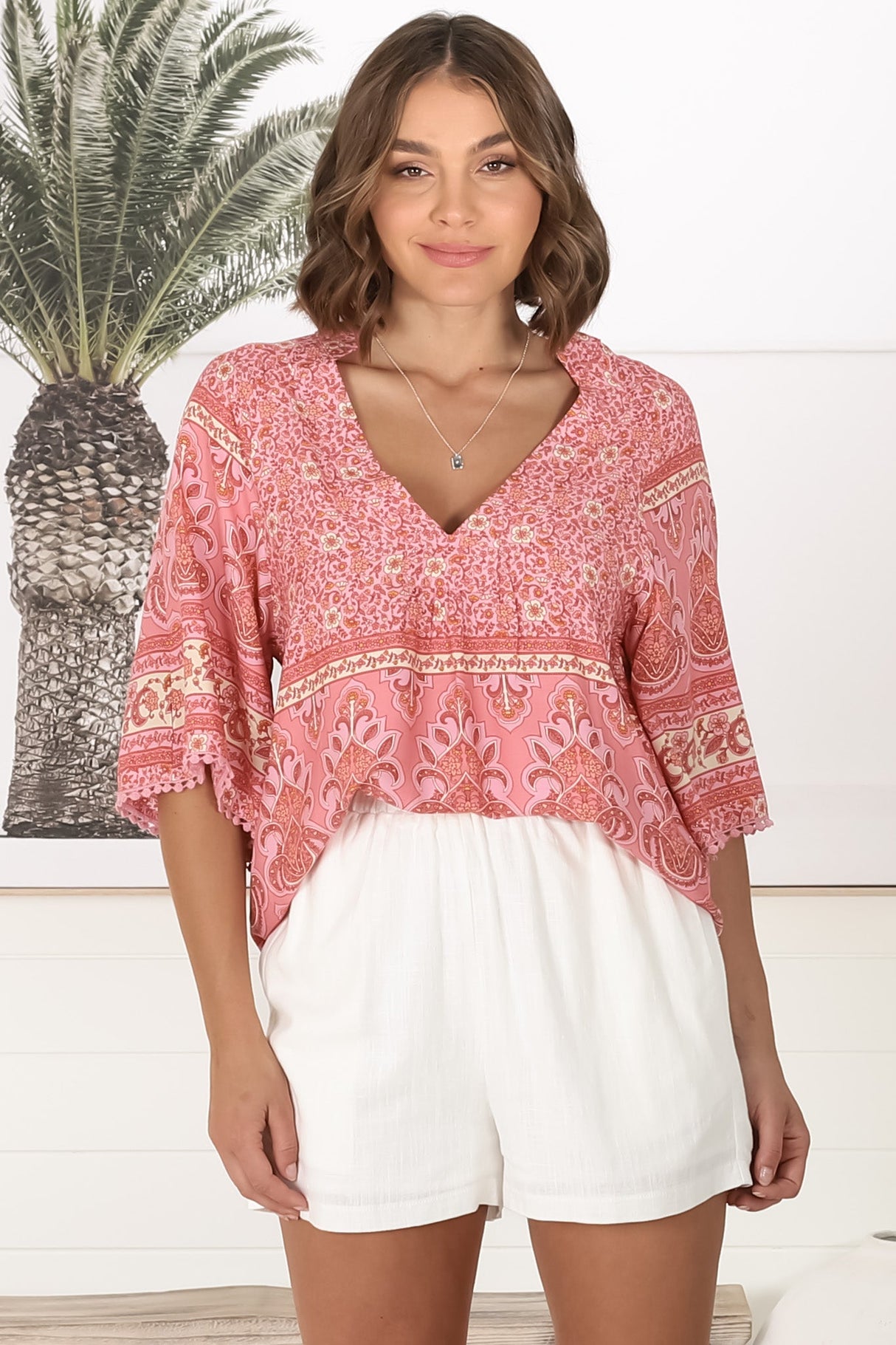 JAASE - Gabriella Top: Mandarin Collar Deep V Neck Crochet Trim Top in Strawberries and Cream Print