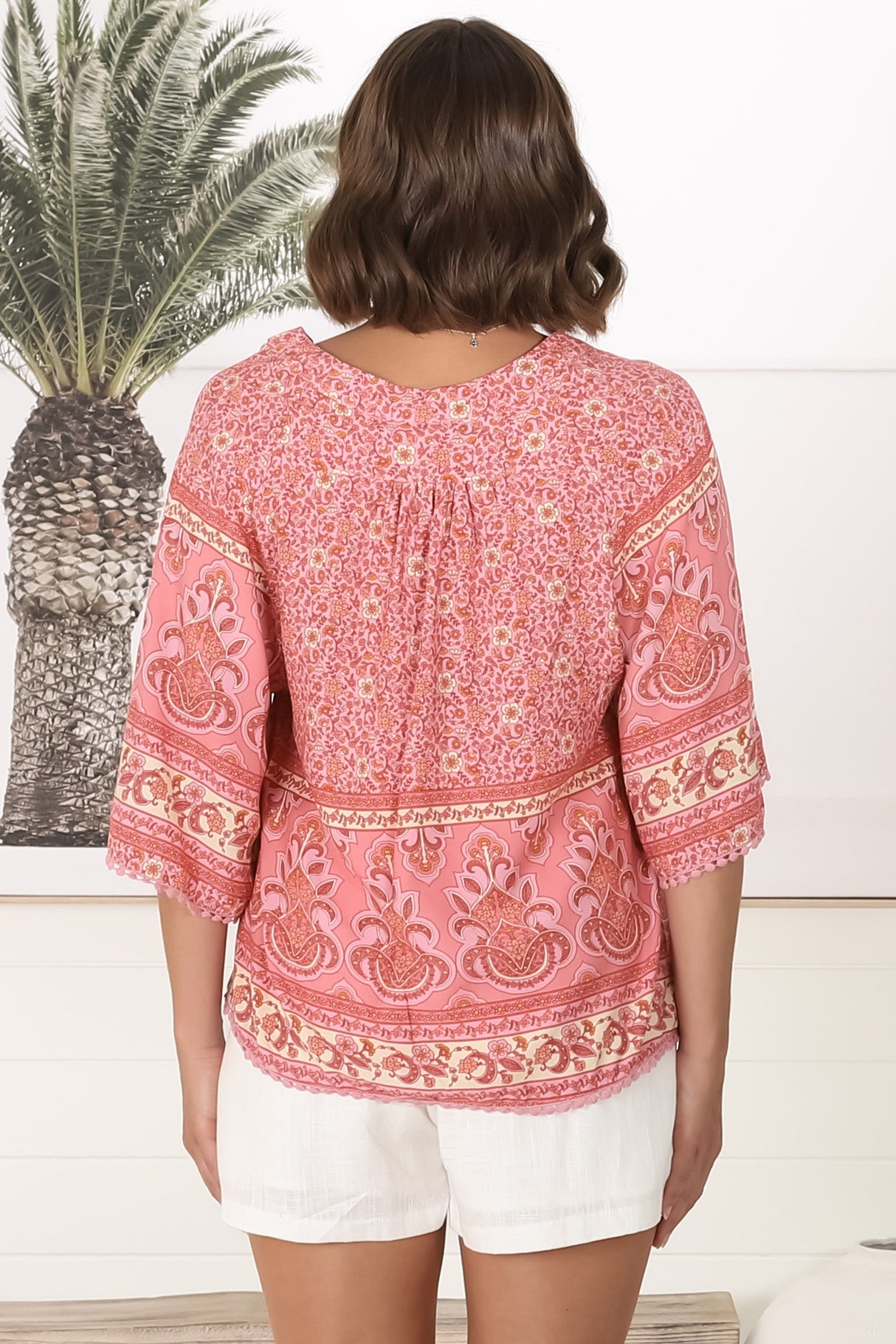 JAASE - Gabriella Top: Mandarin Collar Deep V Neck Crochet Trim Top in Strawberries and Cream Print