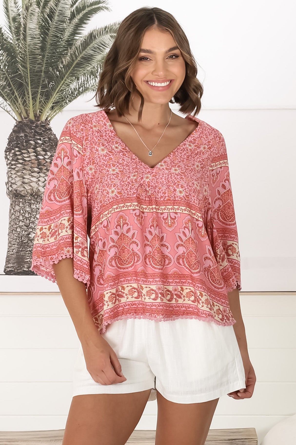 JAASE - Gabriella Top: Mandarin Collar Deep V Neck Crochet Trim Top in Strawberries and Cream Print