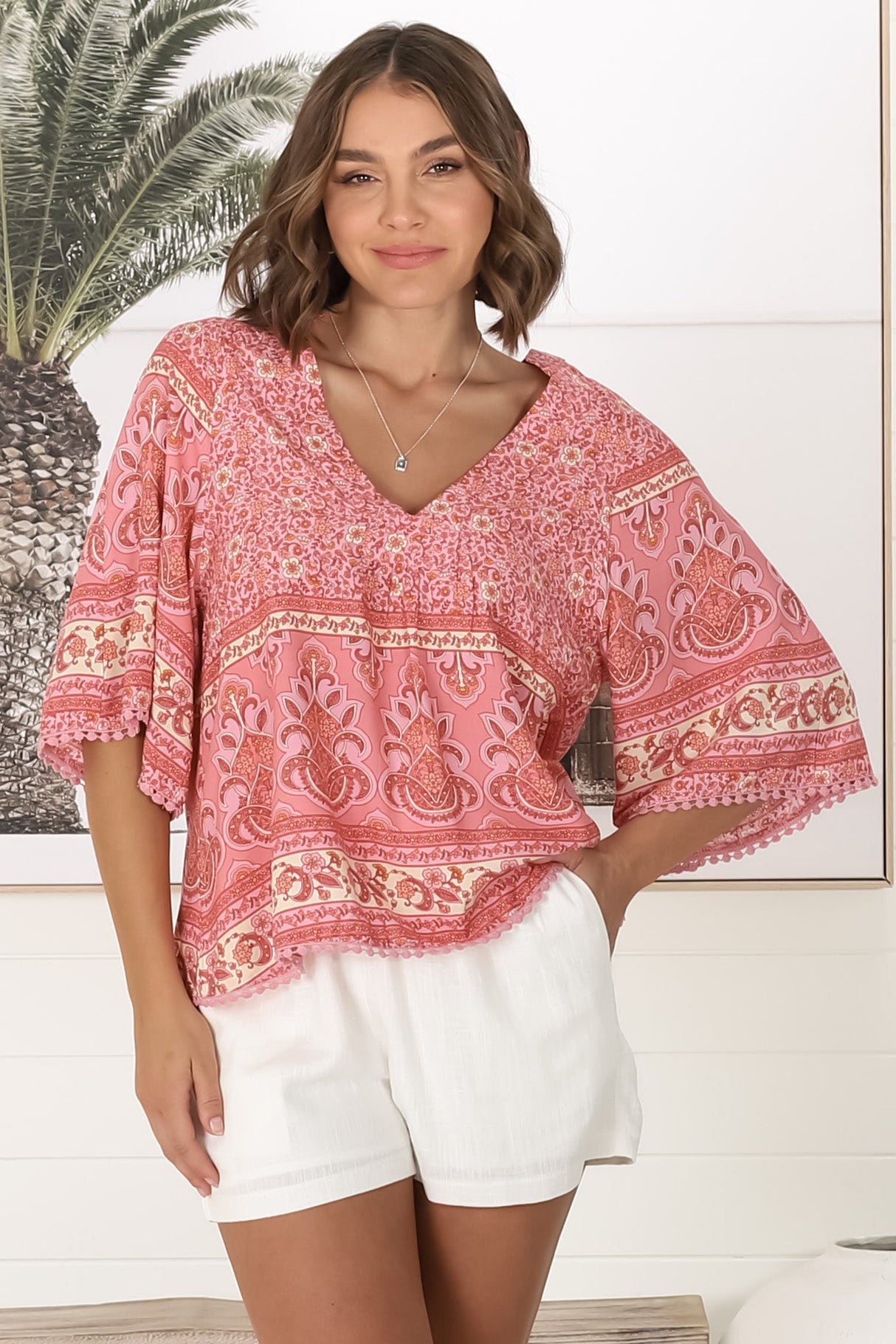 JAASE - Gabriella Top: Mandarin Collar Deep V Neck Crochet Trim Top in Strawberries and Cream Print