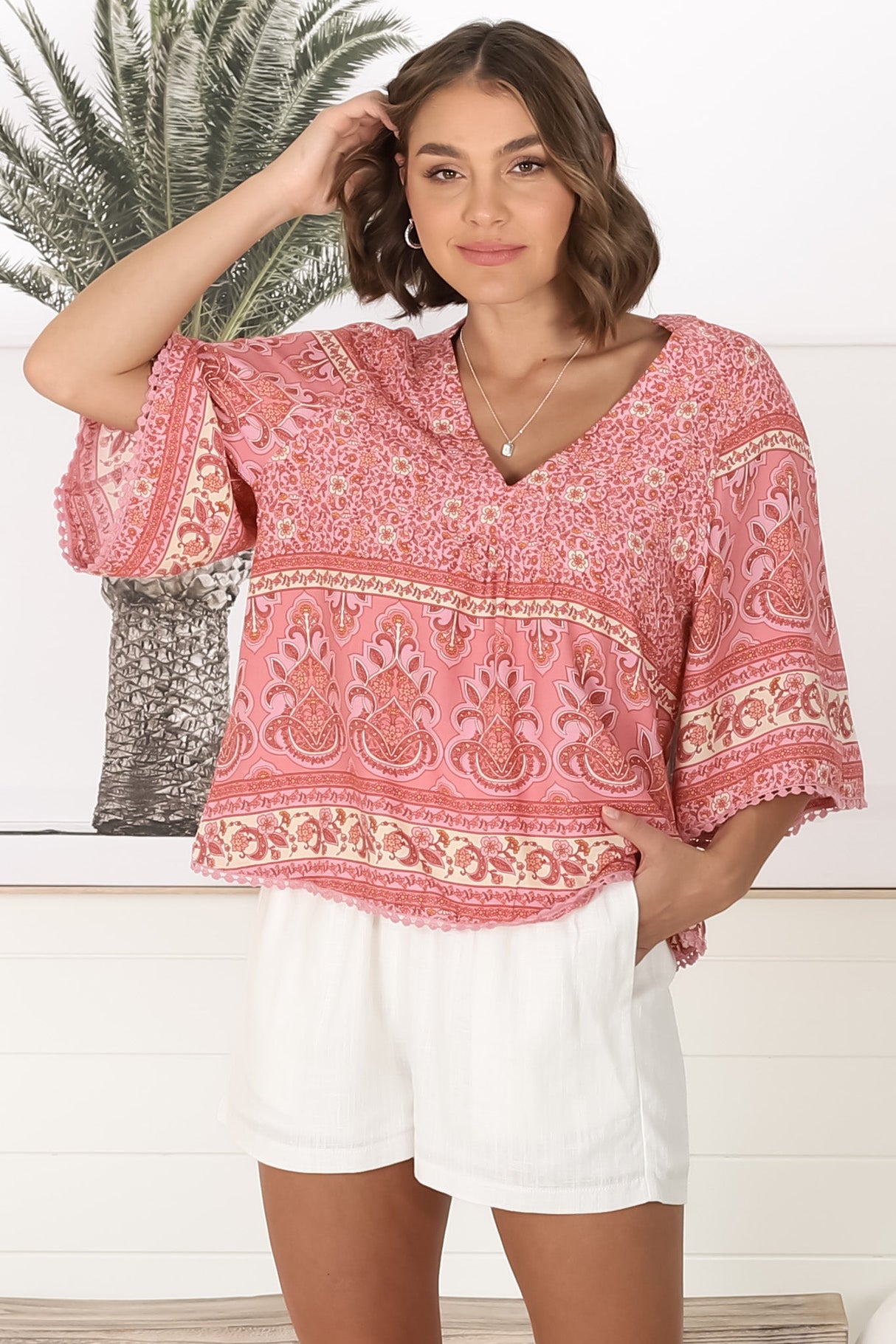 JAASE - Gabriella Top: Mandarin Collar Deep V Neck Crochet Trim Top in Strawberries and Cream Print