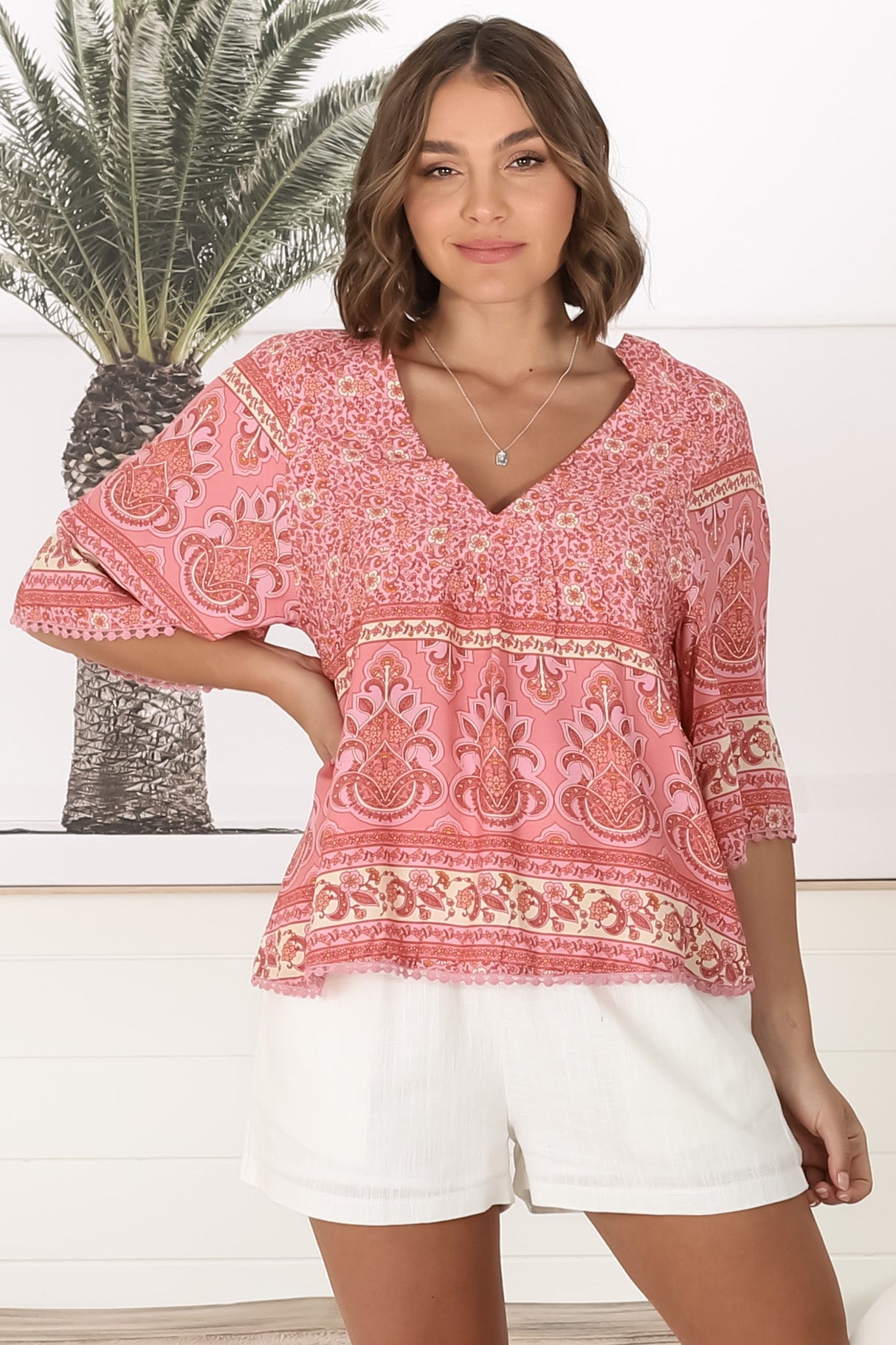 JAASE - Gabriella Top: Mandarin Collar Deep V Neck Crochet Trim Top in Strawberries and Cream Print