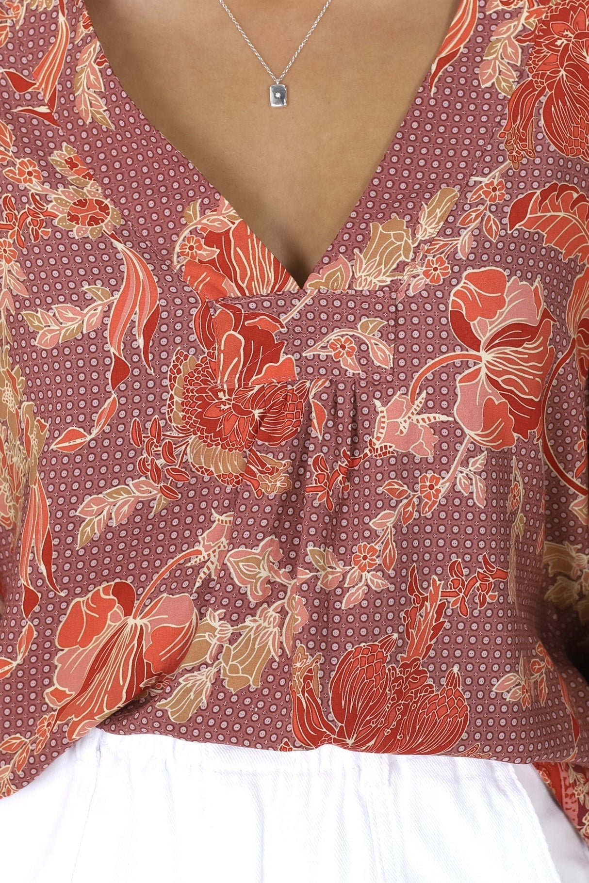 JAASE - Gabriella Top: Mandarin Collar Deep V Neck Crochet Trim Top in Ziggy Print