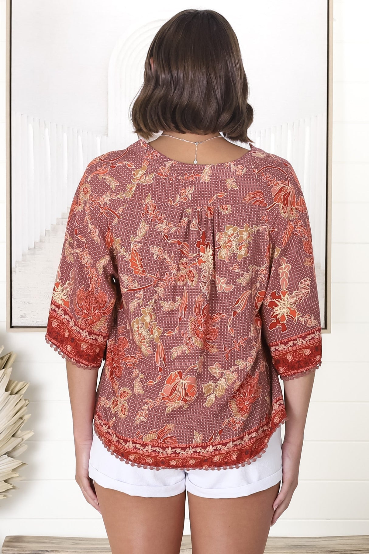 JAASE - Gabriella Top: Mandarin Collar Deep V Neck Crochet Trim Top in Ziggy Print