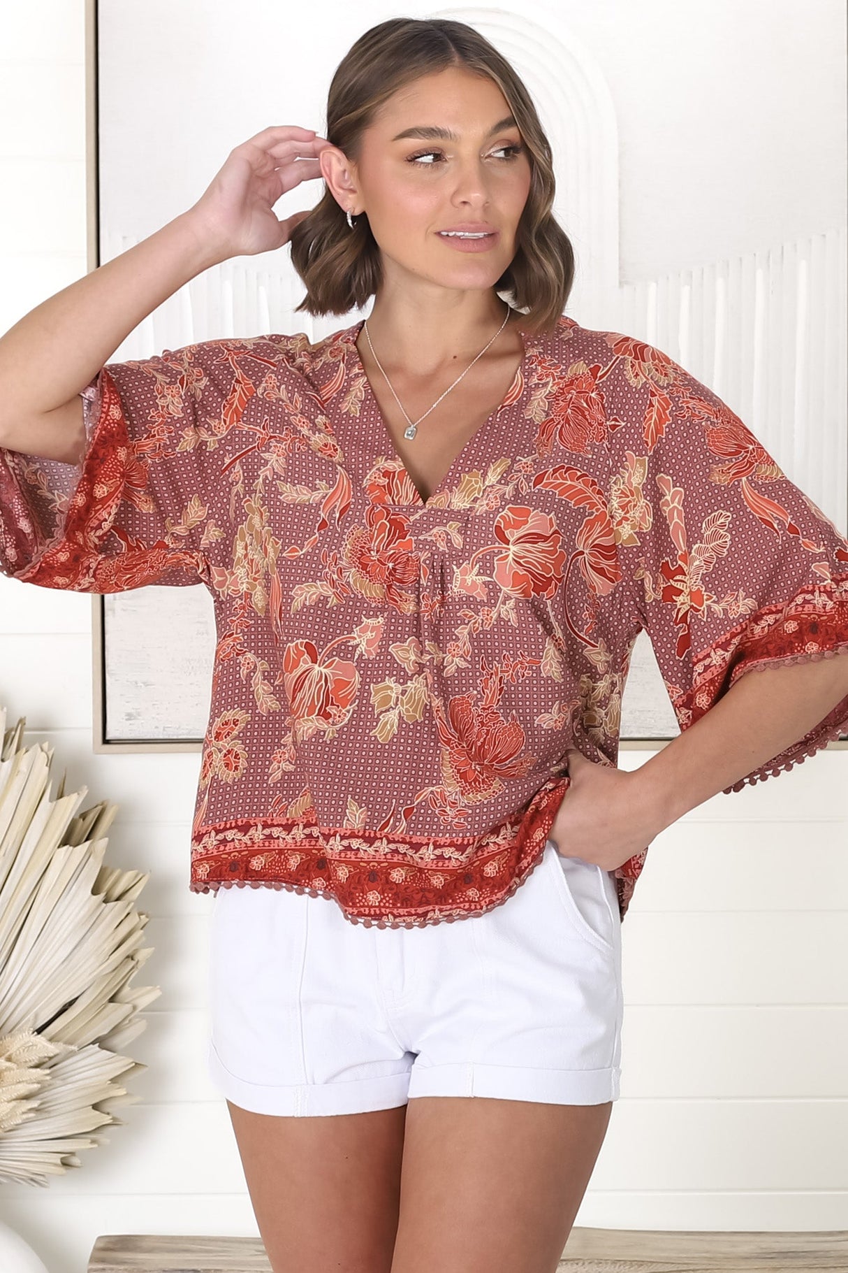 JAASE - Gabriella Top: Mandarin Collar Deep V Neck Crochet Trim Top in Ziggy Print