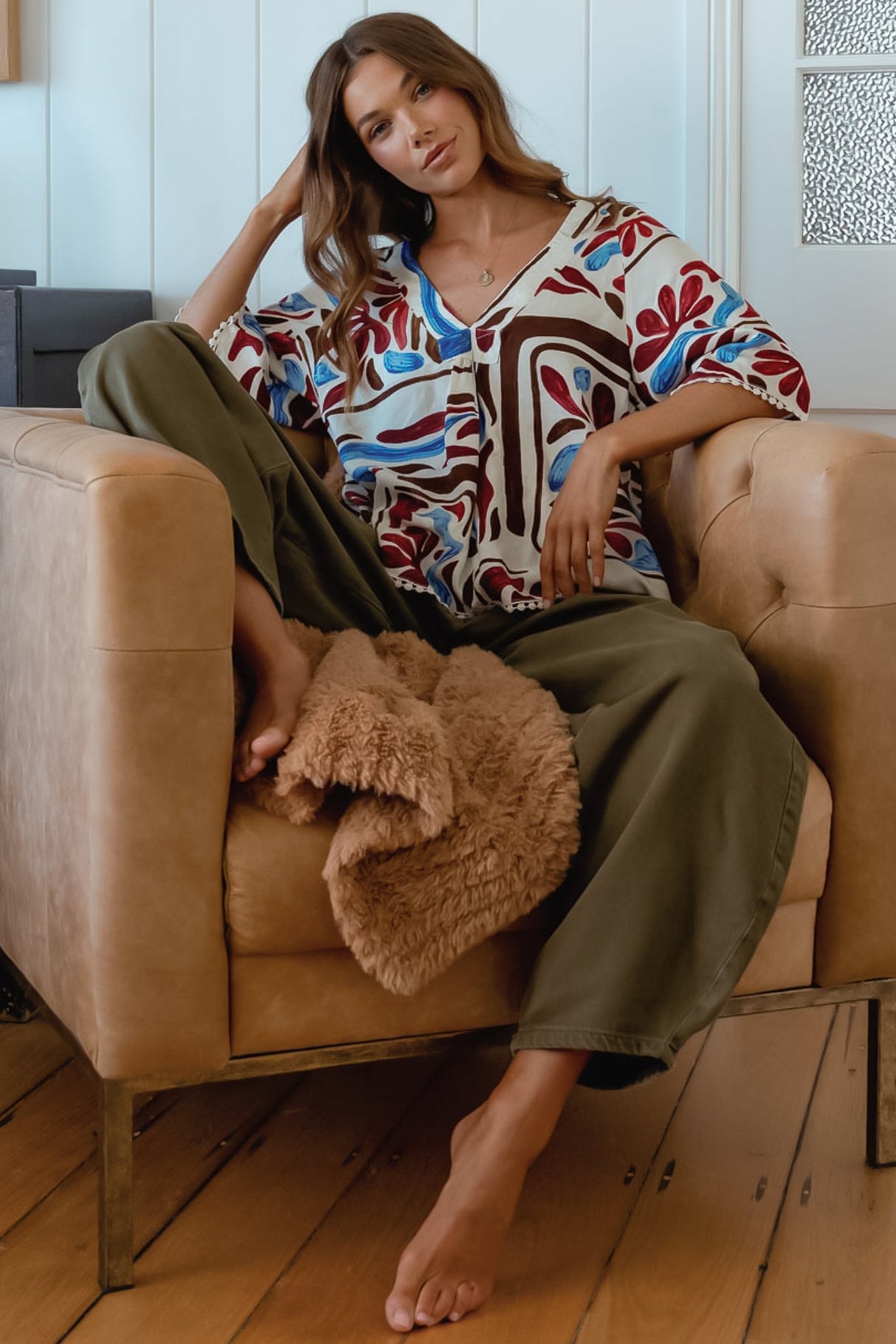 JAASE - Gabriella Top: Mandarin Collar Deep V Neck Crochet Trim Top in Artisan Print