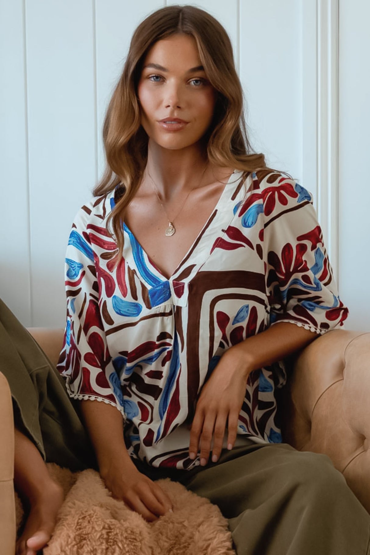 JAASE - Gabriella Top: Mandarin Collar Deep V Neck Crochet Trim Top in Artisan Print