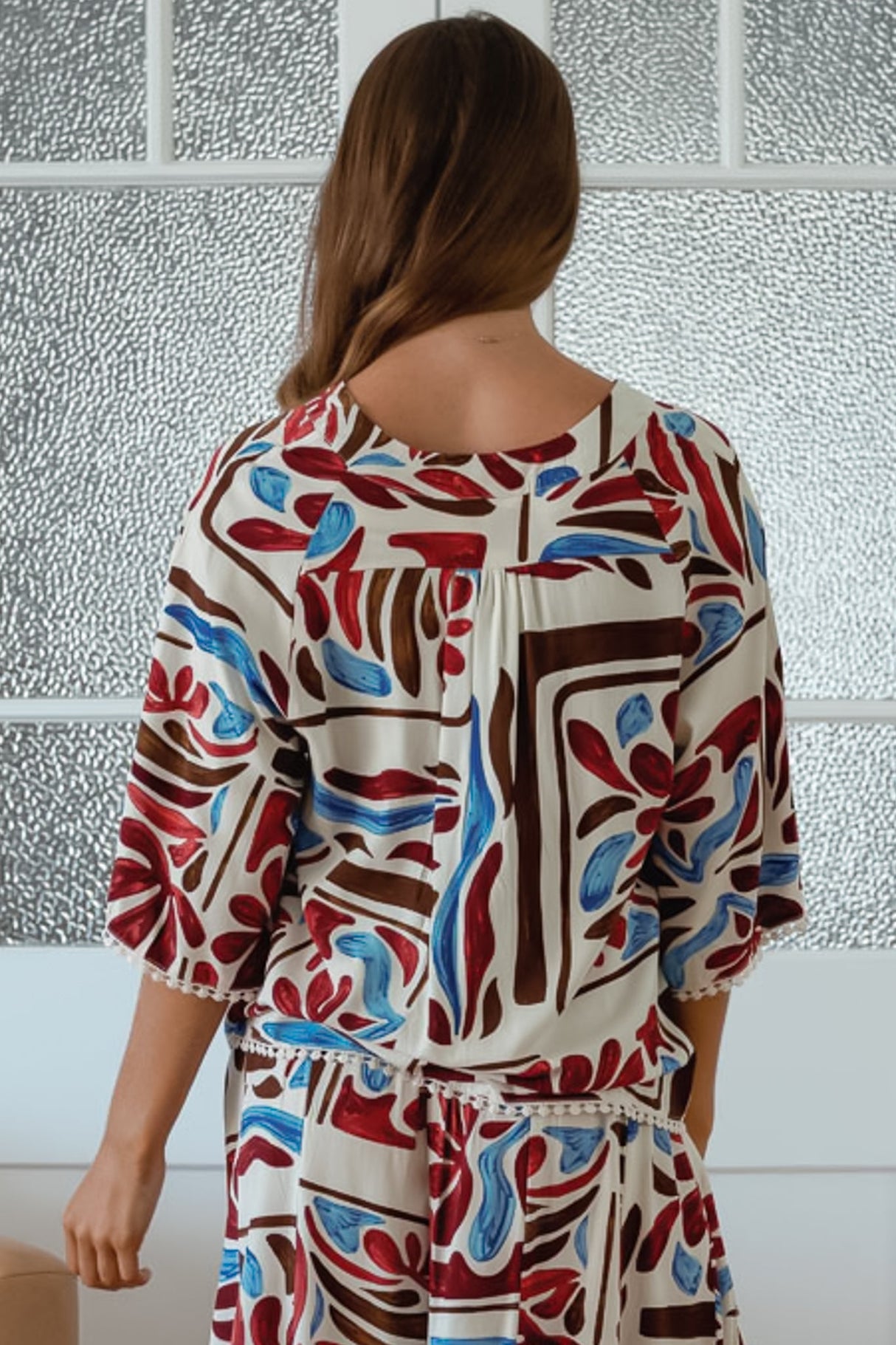 JAASE - Gabriella Top: Mandarin Collar Deep V Neck Crochet Trim Top in Artisan Print