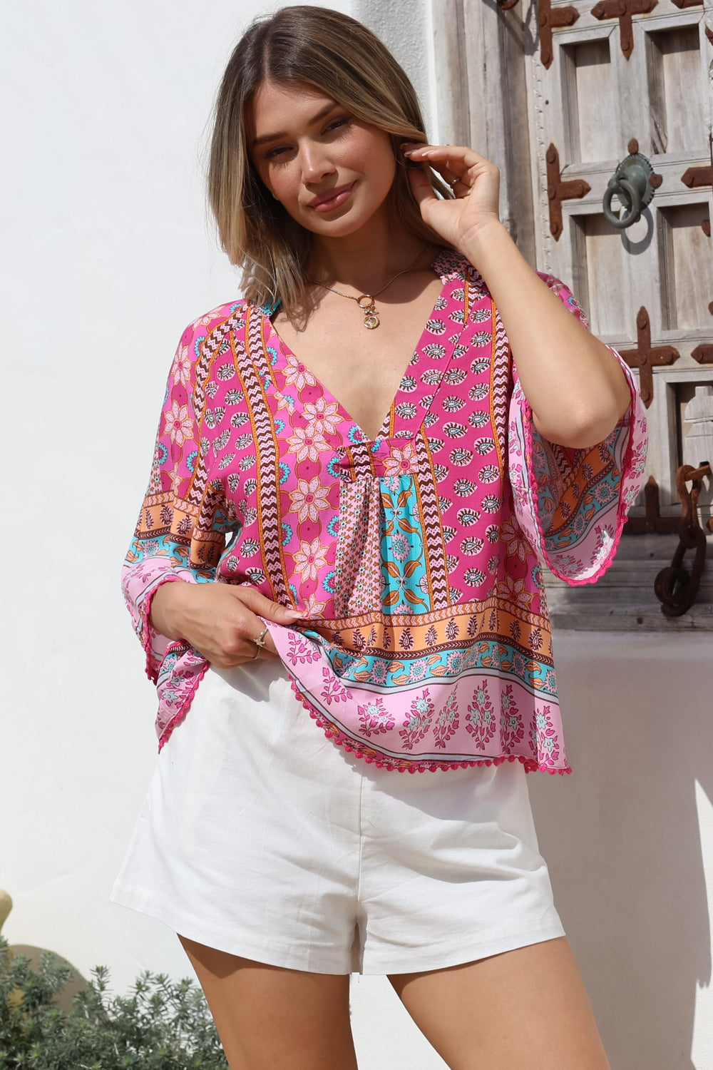 JAASE - Gabriella Top: Mandarin Collar Deep V Neck Crochet Trim Top in Cedella Print