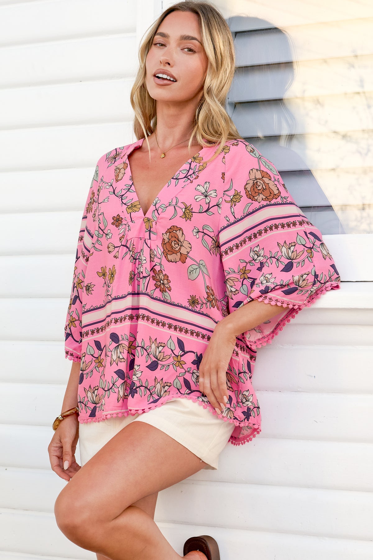 Gabriella Top - Mandarin Collar Deep V Neck Crochet Trim Top in Elara Print