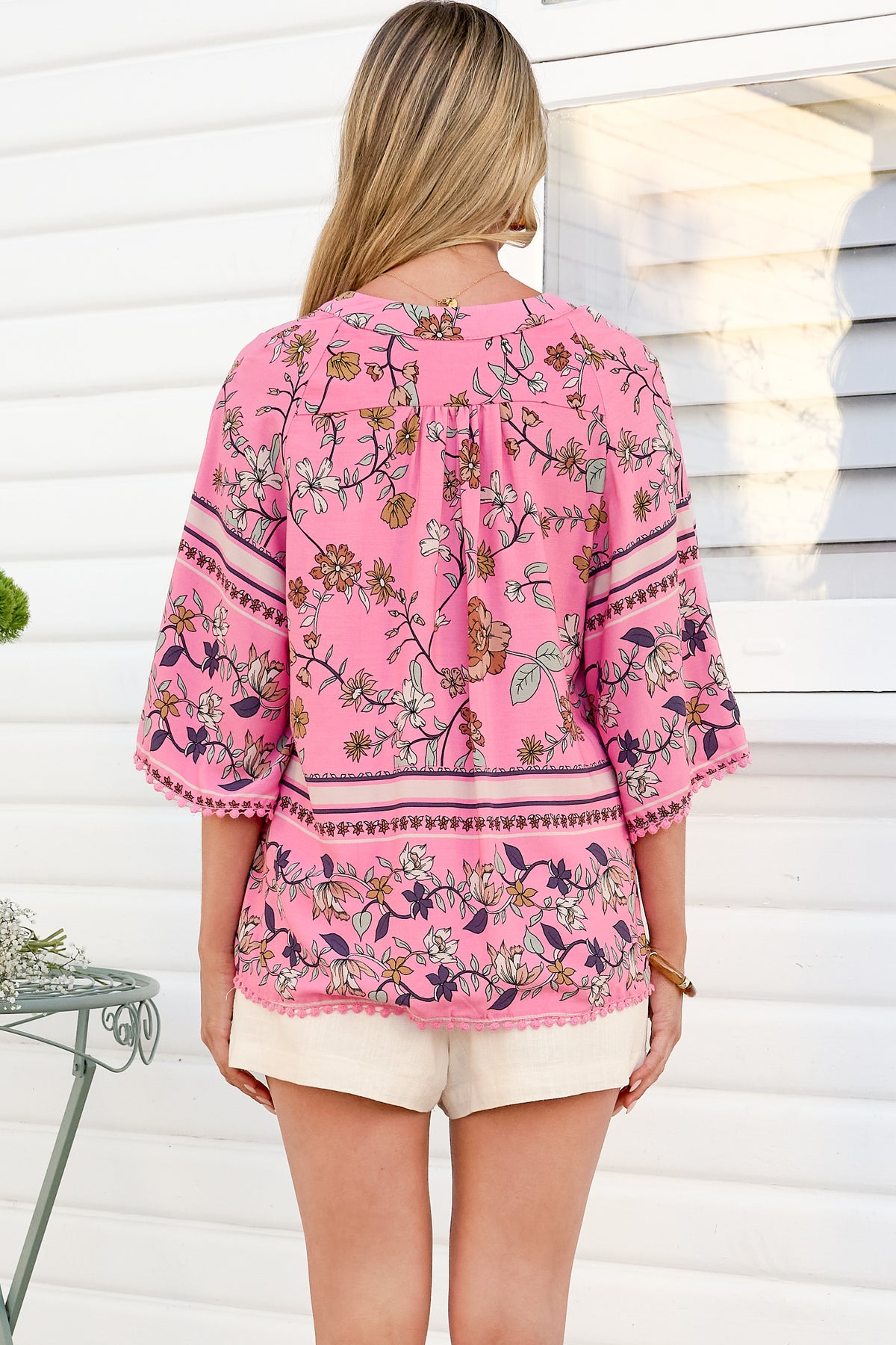 Gabriella Top - Mandarin Collar Deep V Neck Crochet Trim Top in Elara Print