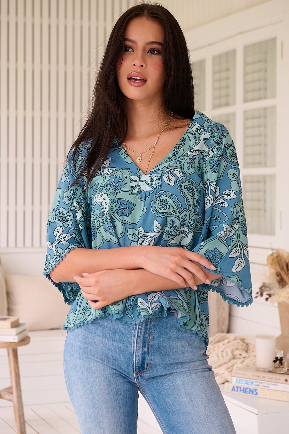 JAASE - Gabriella Top: Mandarin Collar Deep V Neck Crochet Trim Top in Serenade Print