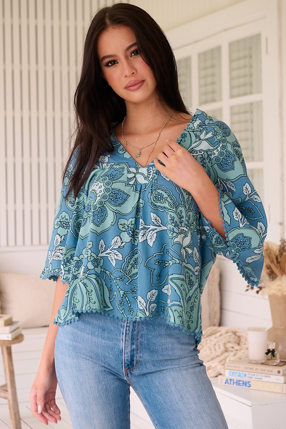 JAASE - Gabriella Top: Mandarin Collar Deep V Neck Crochet Trim Top in Serenade Print