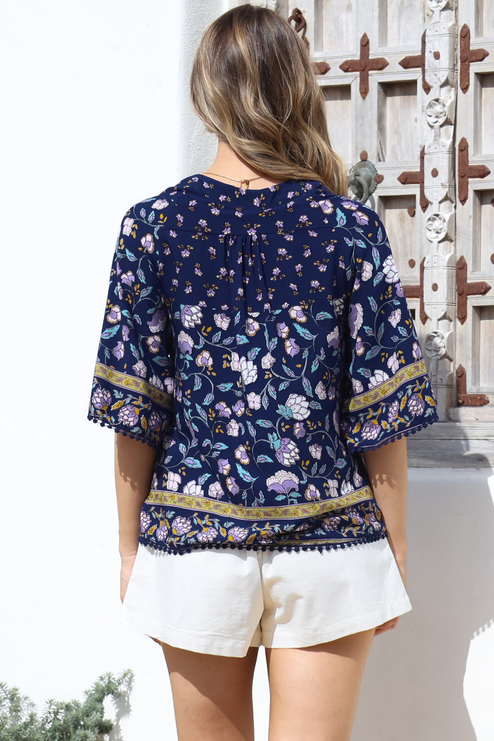 JAASE - Gabriella Top: Mandarin Collar Deep V Neck Crochet Trim Top in Wild Indigo Print