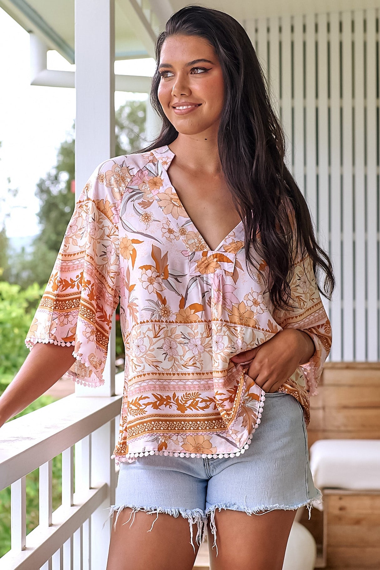 JAASE - Gabriella Top: Mandarin Collar Deep V Neck Crochet Trim Top in Peach Dahlia Print