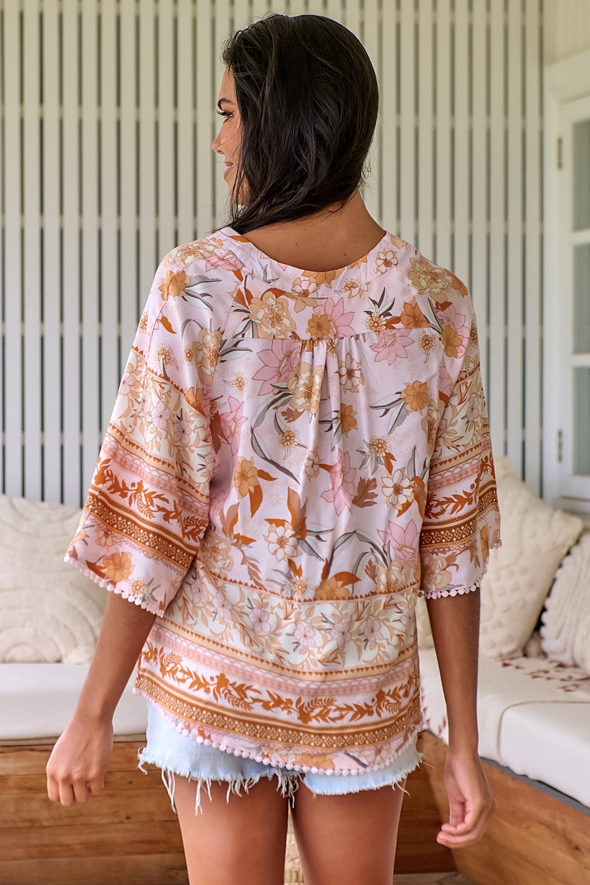 JAASE - Gabriella Top: Mandarin Collar Deep V Neck Crochet Trim Top in Peach Dahlia Print