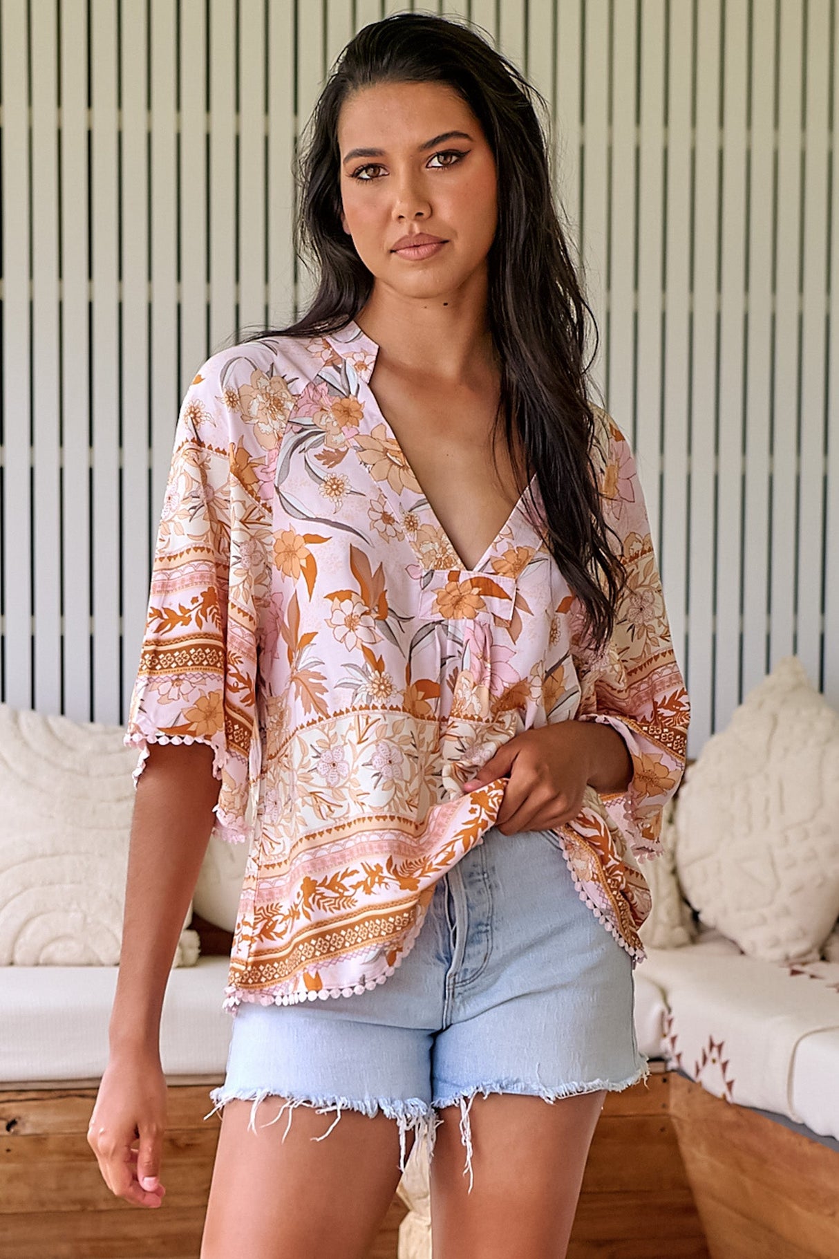 JAASE - Gabriella Top: Mandarin Collar Deep V Neck Crochet Trim Top in Peach Dahlia Print