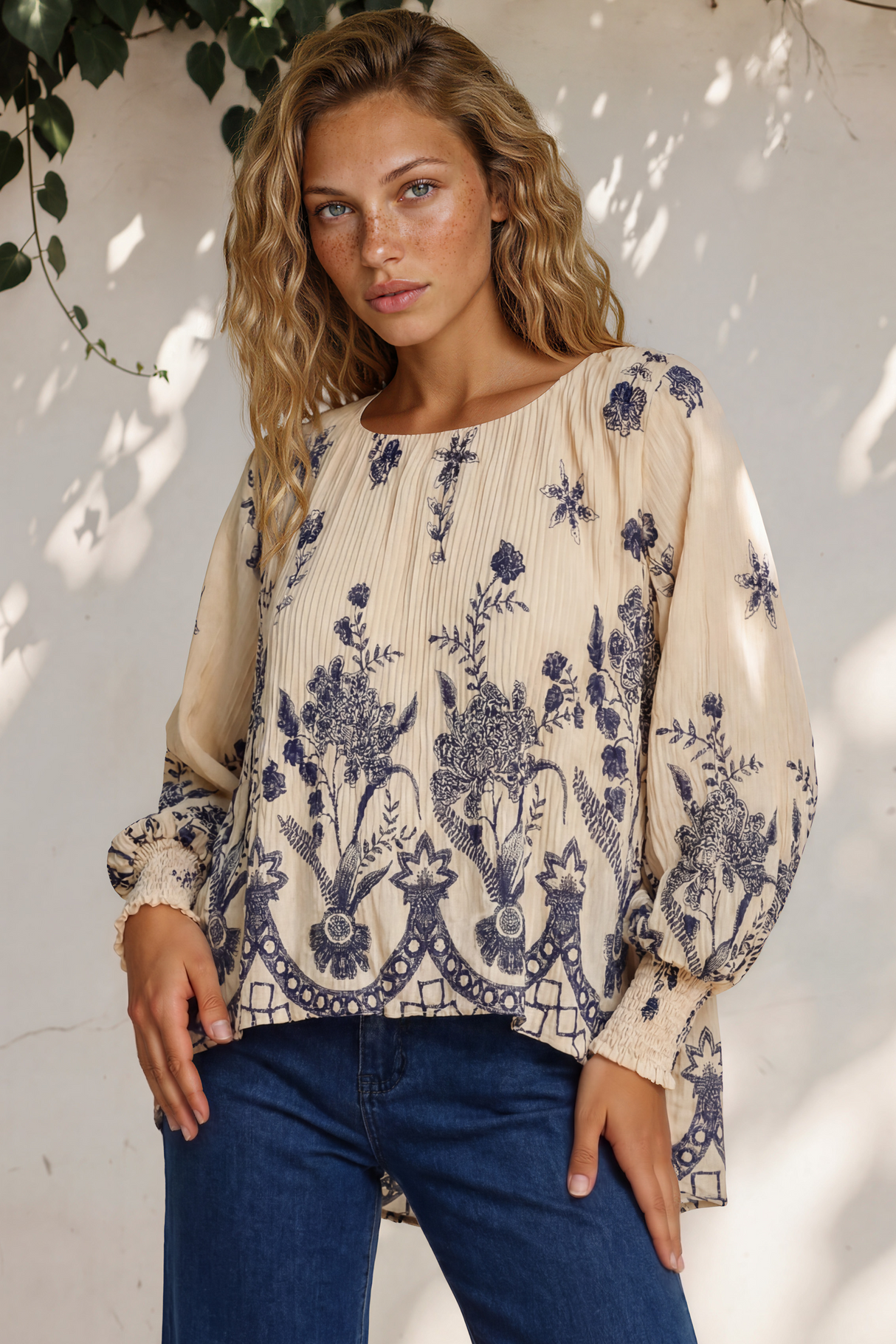 Model wearing Gelina Top in Gerry Print Beige from Salty Crush
