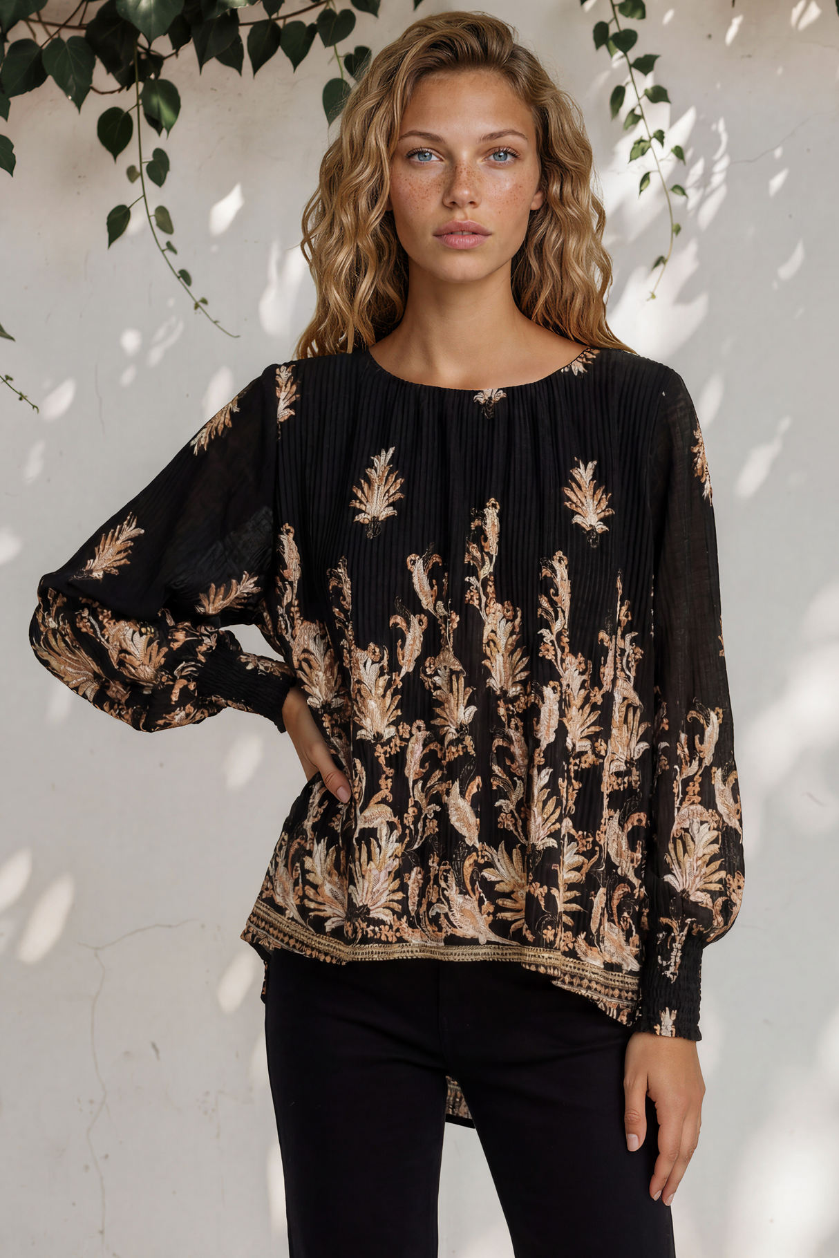 Model wearing Gelina Top in Lynsey Print Black from Salty Crush