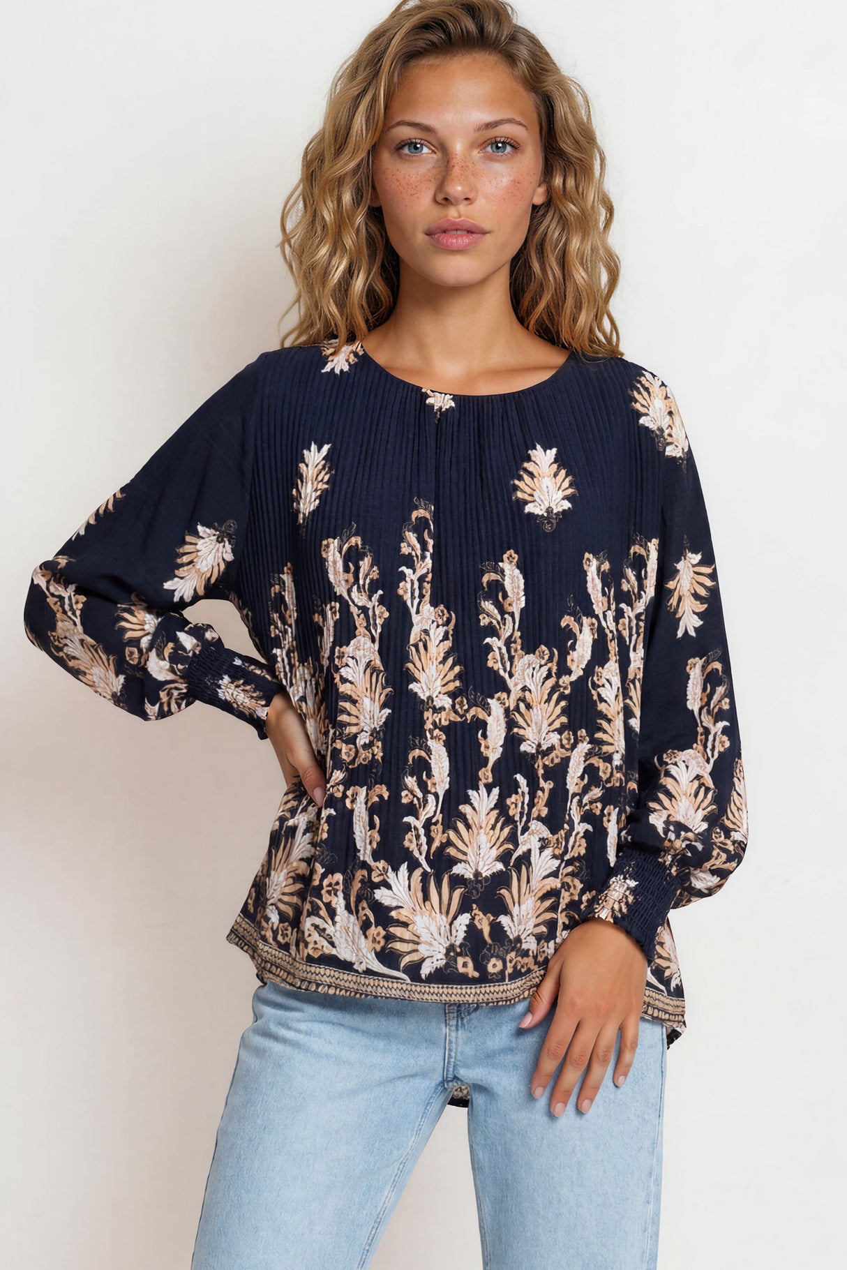 Model wearing Gelina Top in Lynsey Print Navy from Salty Crush