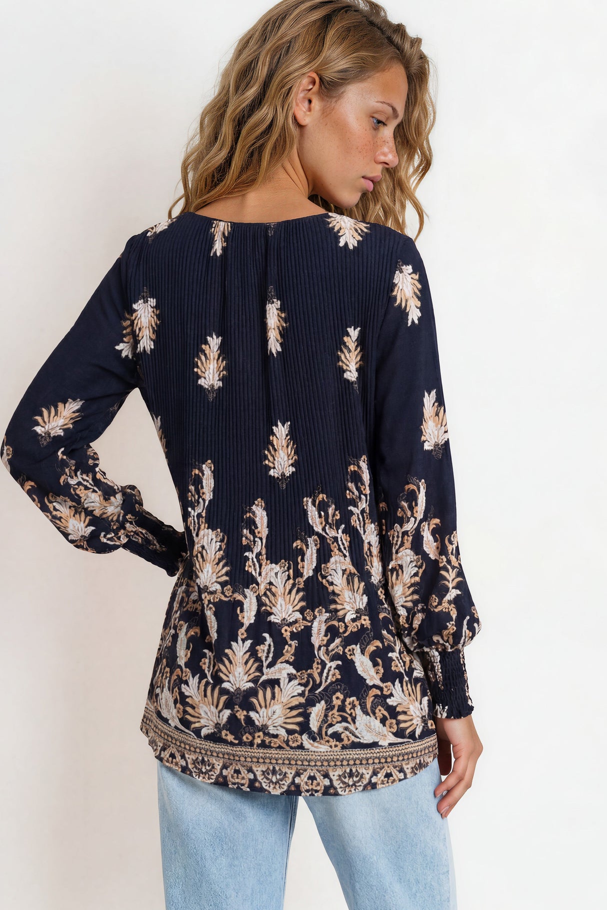 Model wearing Gelina Top in Lynsey Print Navy from Salty Crush