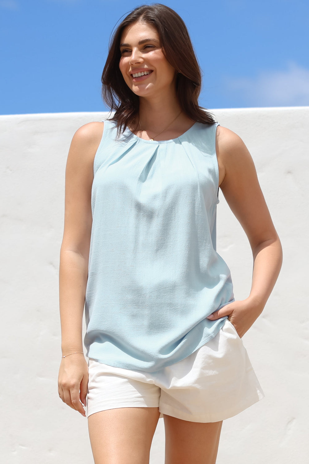 Genevieve Top - Crew Neck Sleeveless Linen Blend Top in Blue
