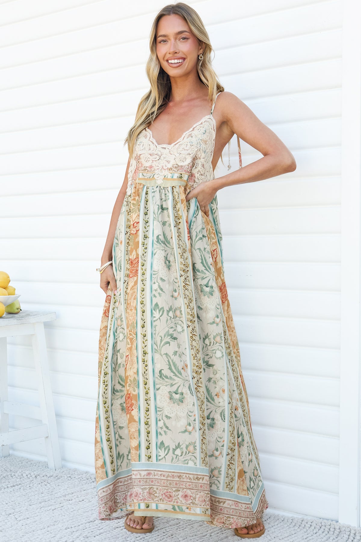 Georgette Maxi Dress - V Neck Lace Motif Sun Dress with Adjustable Straps in Lyla Print