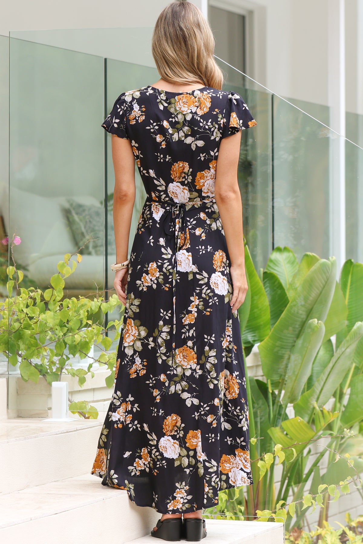 Georgina Midi Dress - V Neck Wrap Dress with Cap Flutter Sleeves in Paska Print