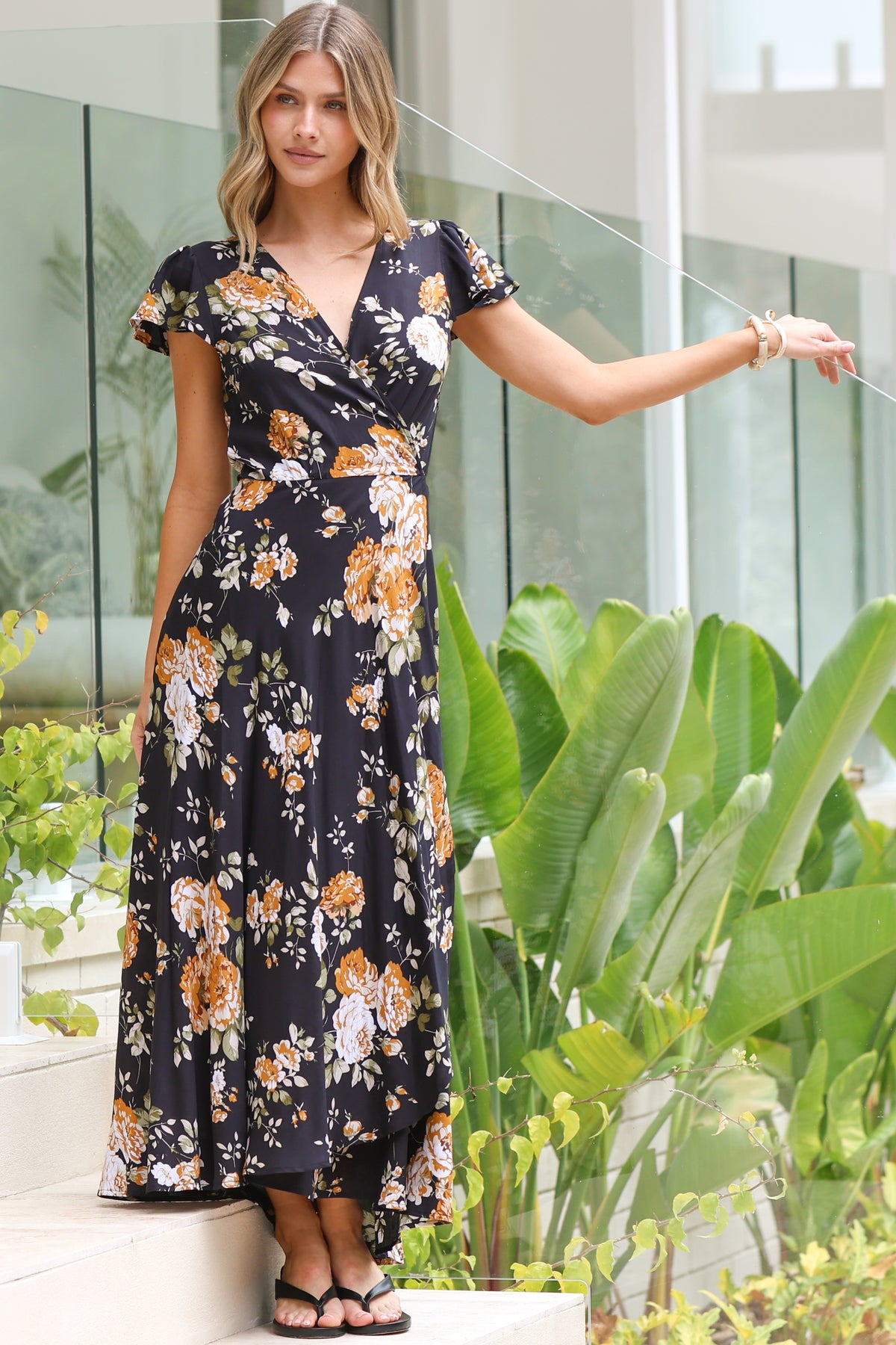 Georgina Midi Dress - V Neck Wrap Dress with Cap Flutter Sleeves in Paska Print