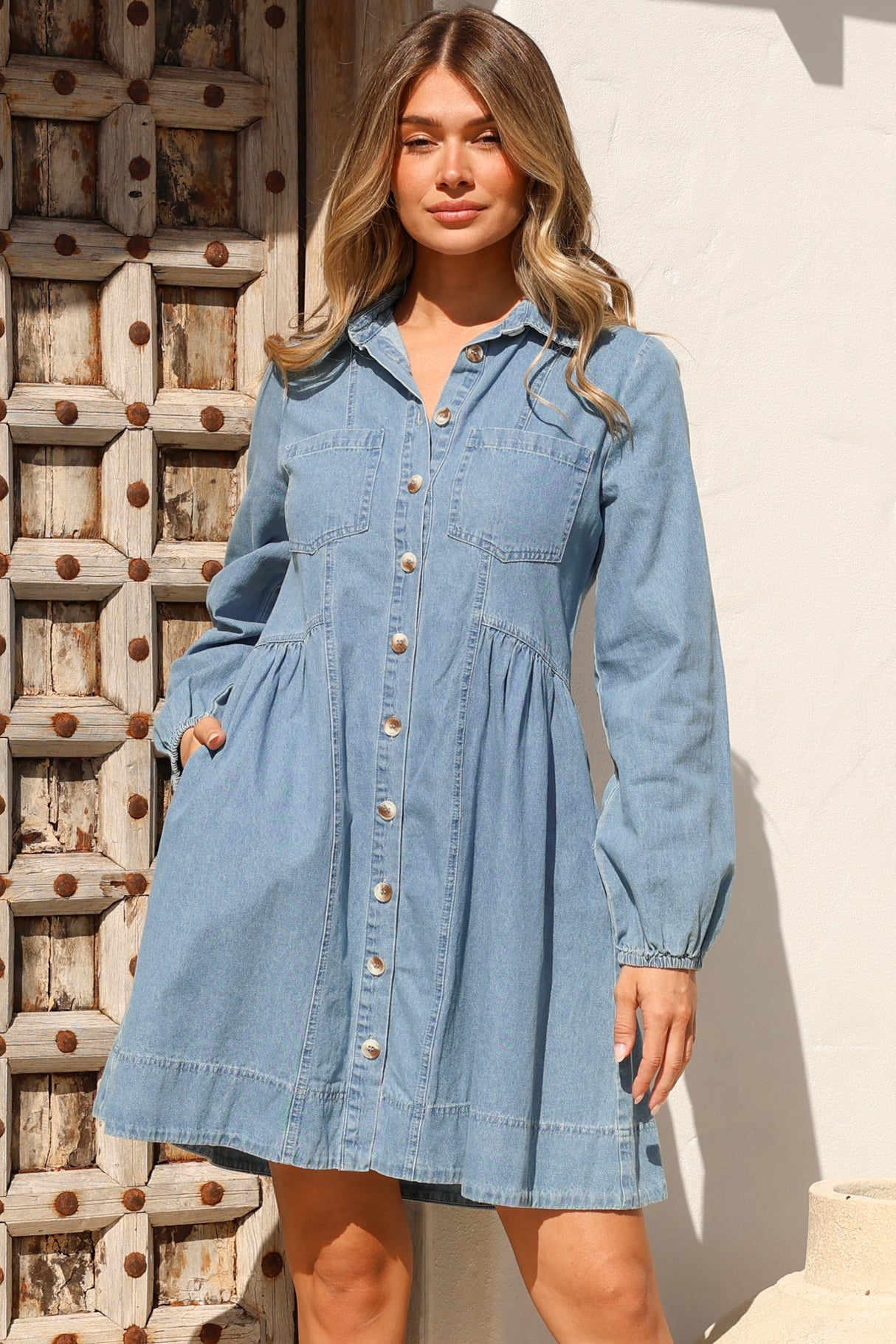 Gerri Mini Dress - Wing Collar Button Down Smock Denim Dress in Mid Denim Wash