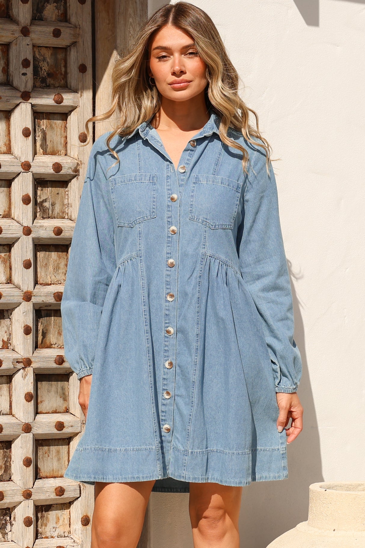 Gerri Mini Dress - Wing Collar Button Down Smock Denim Dress in Mid Denim Wash