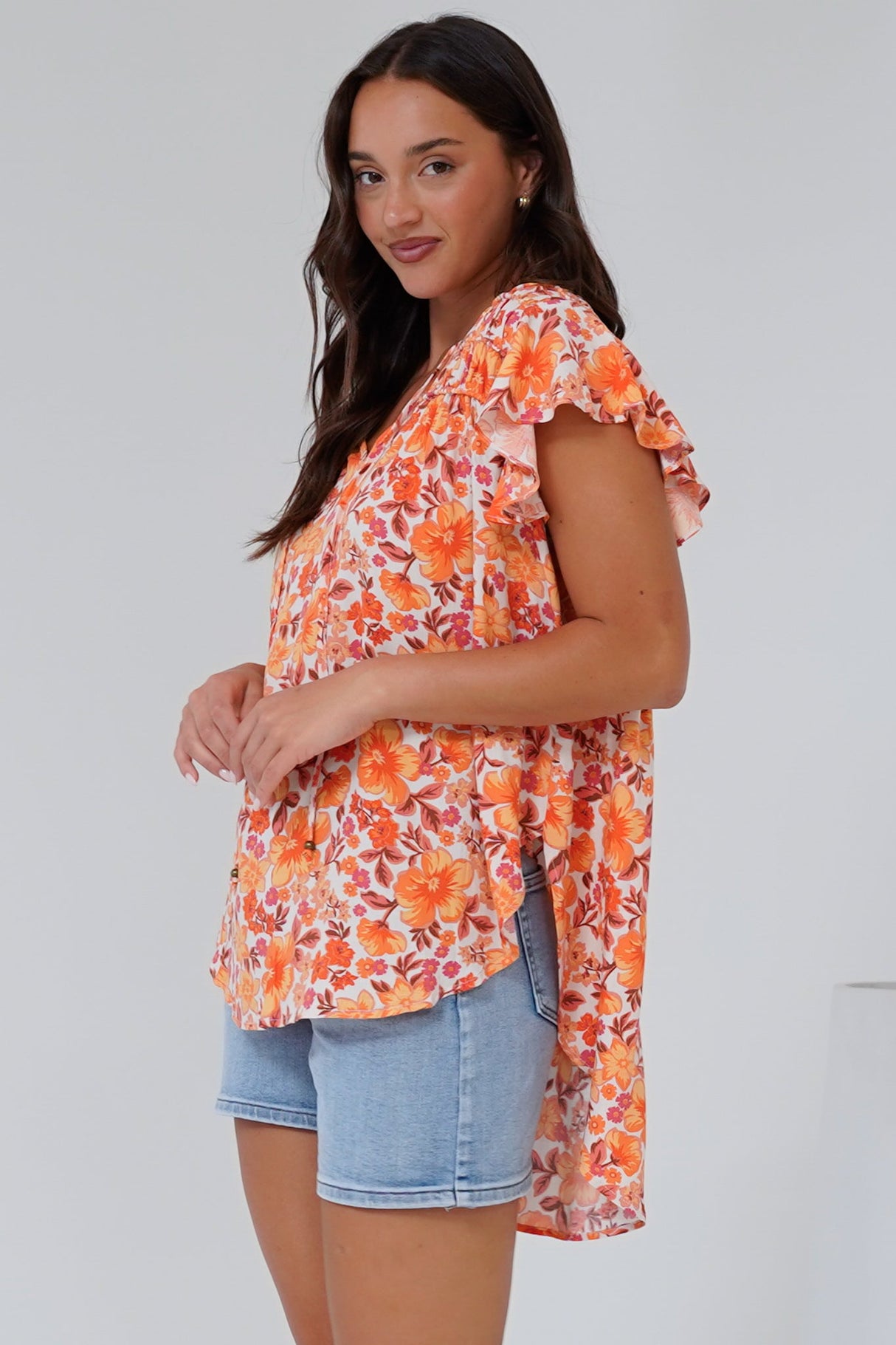 Giada Top - Flutter Sleeve High-Low Scoop Hem Top in Mahendra Print