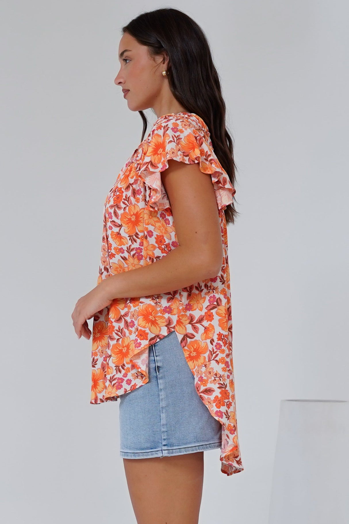 Giada Top - Flutter Sleeve High-Low Scoop Hem Top in Mahendra Print