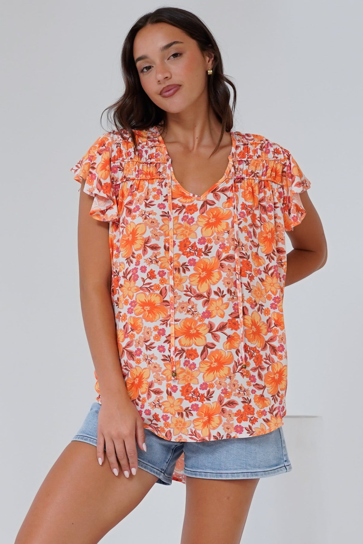 Giada Top - Flutter Sleeve High-Low Scoop Hem Top in Mahendra Print