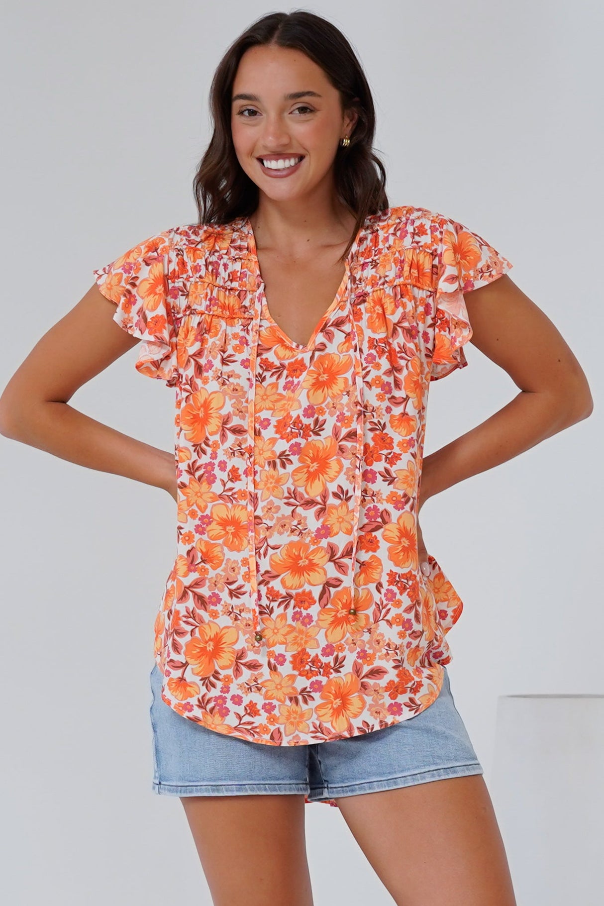 Giada Top - Flutter Sleeve High-Low Scoop Hem Top in Mahendra Print