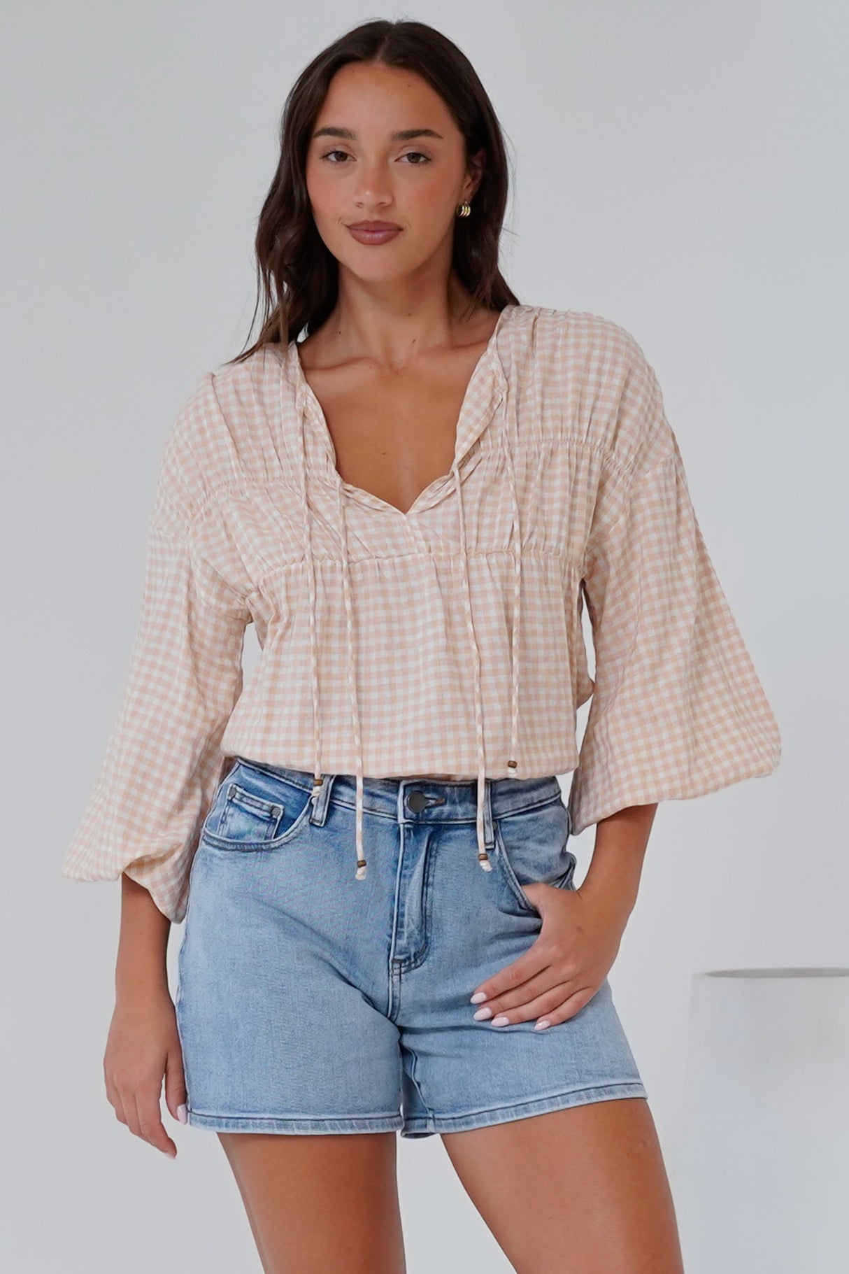 Gidget Top - Pull Over Top with Beaded Accent Double Neck Tie in Gingham Beige