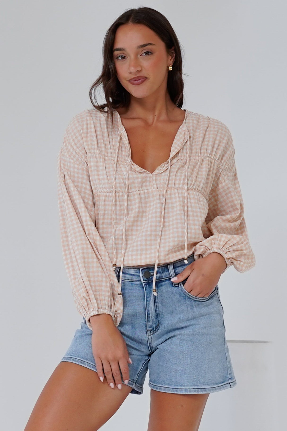 Gidget Top - Pull Over Top with Beaded Accent Double Neck Tie in Gingham Beige