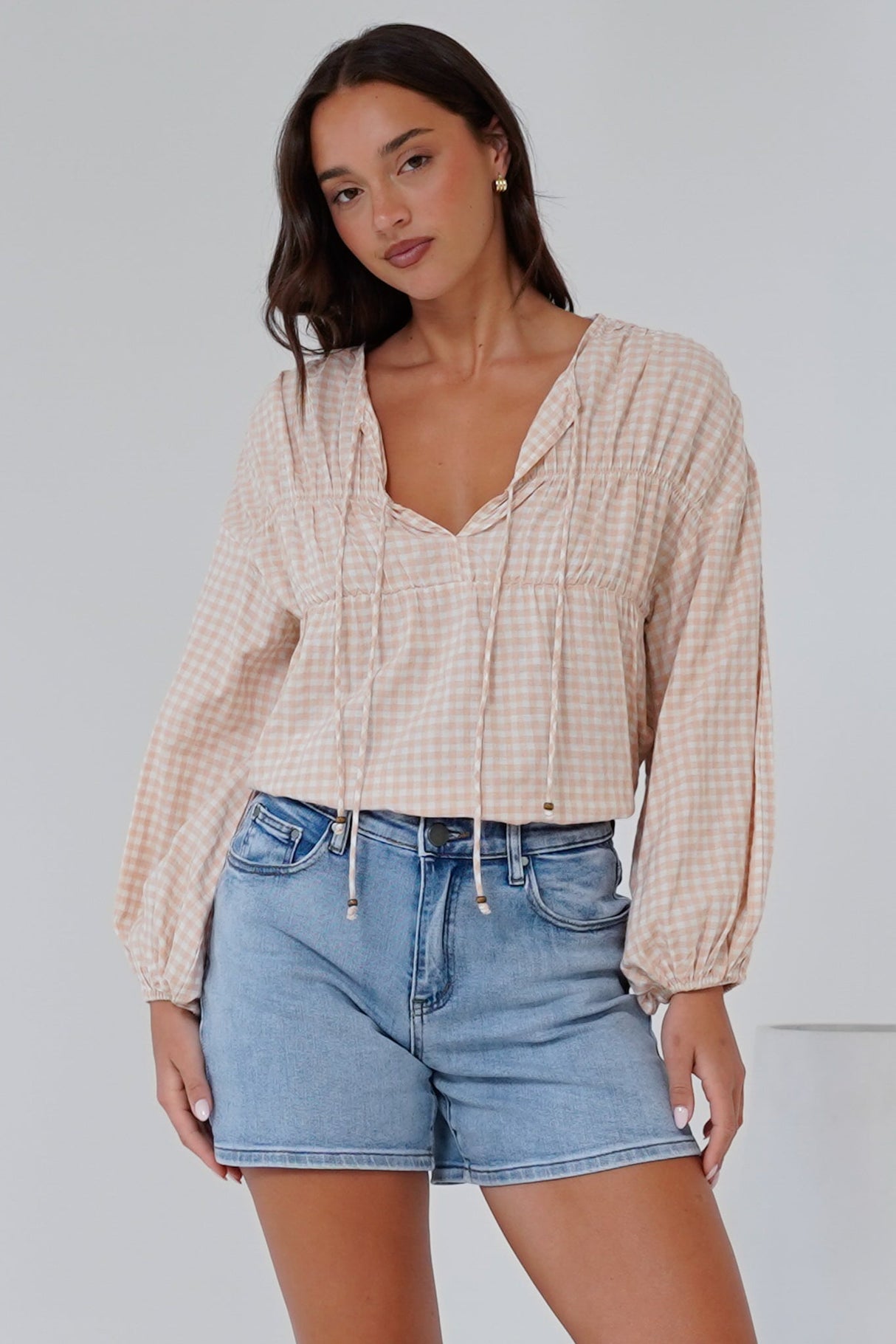 Gidget Top - Pull Over Top with Beaded Accent Double Neck Tie in Gingham Beige