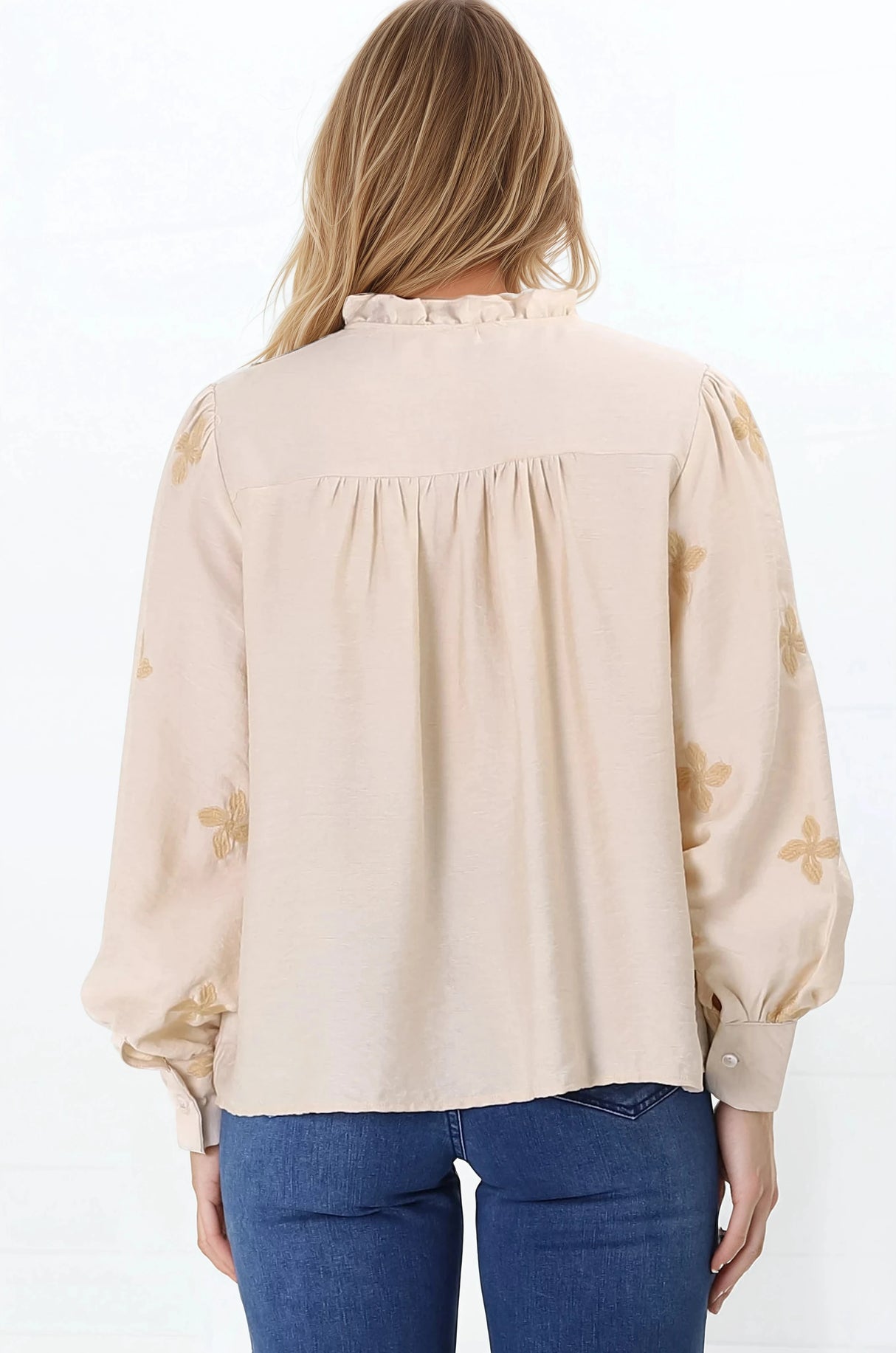 Gigi Blouse - Floral Embroidery Frill Collar Button Down Blouse in Beige