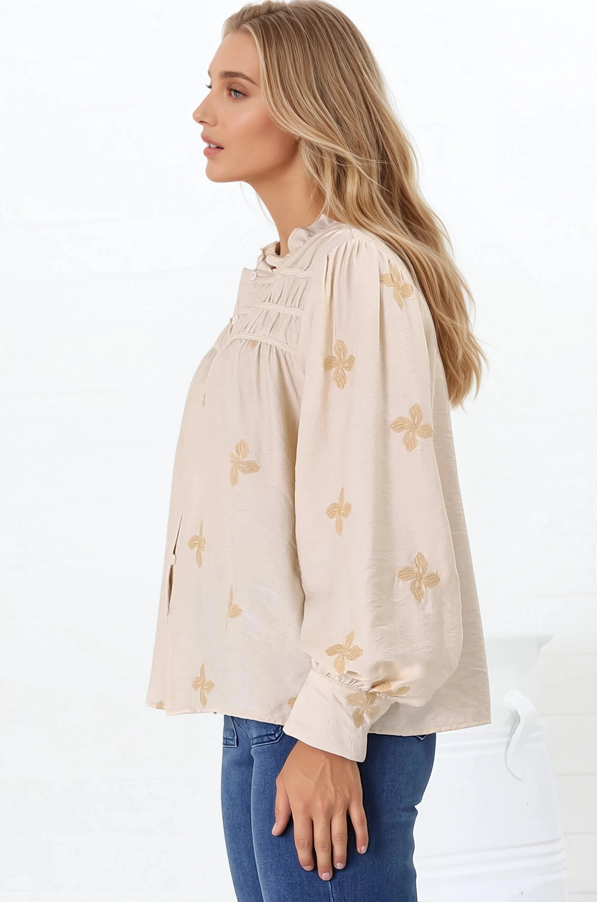 Gigi Blouse - Floral Embroidery Frill Collar Button Down Blouse in Beige