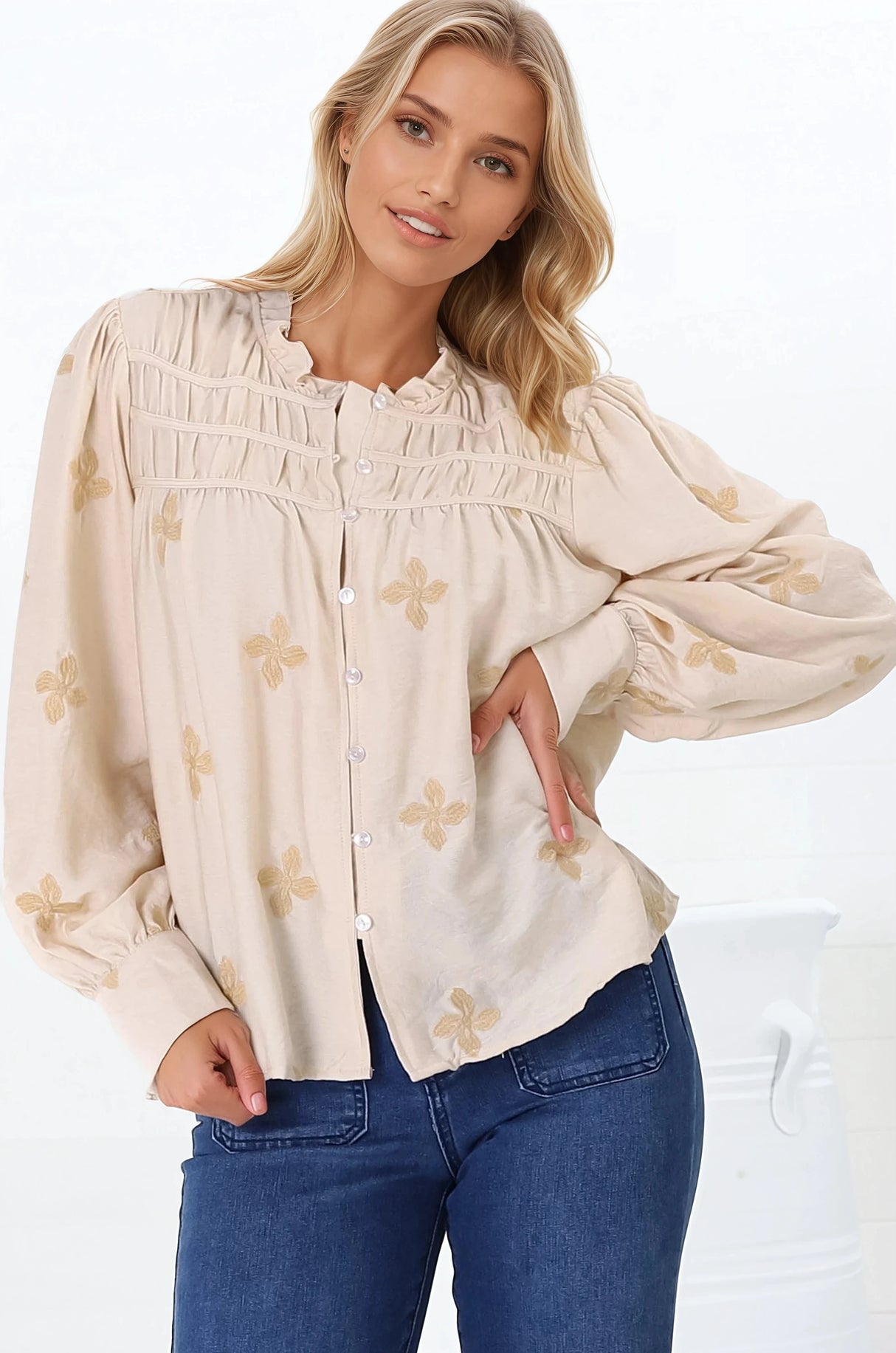 Gigi Blouse - Floral Embroidery Frill Collar Button Down Blouse in Beige