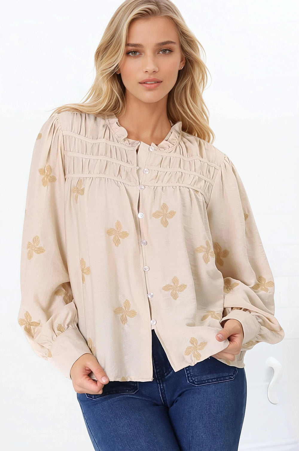 Gigi Blouse - Floral Embroidery Frill Collar Button Down Blouse in Beige