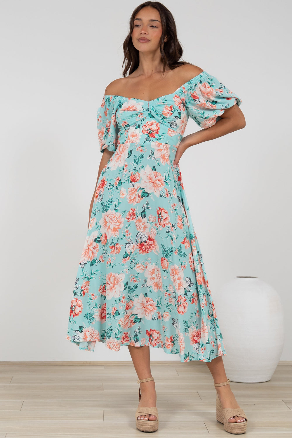 Gisella Midi Dress - Sweetheart Neckline A-Line Dress with Short Sleeves in Helara Print