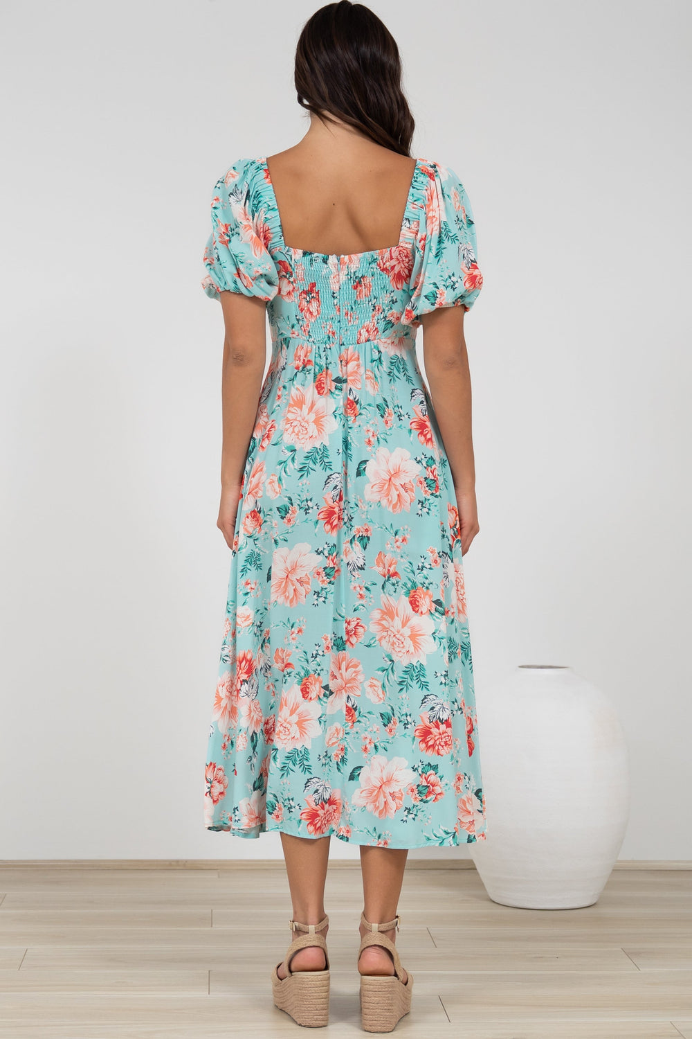 Gisella Midi Dress - Sweetheart Neckline A-Line Dress with Short Sleeves in Helara Print
