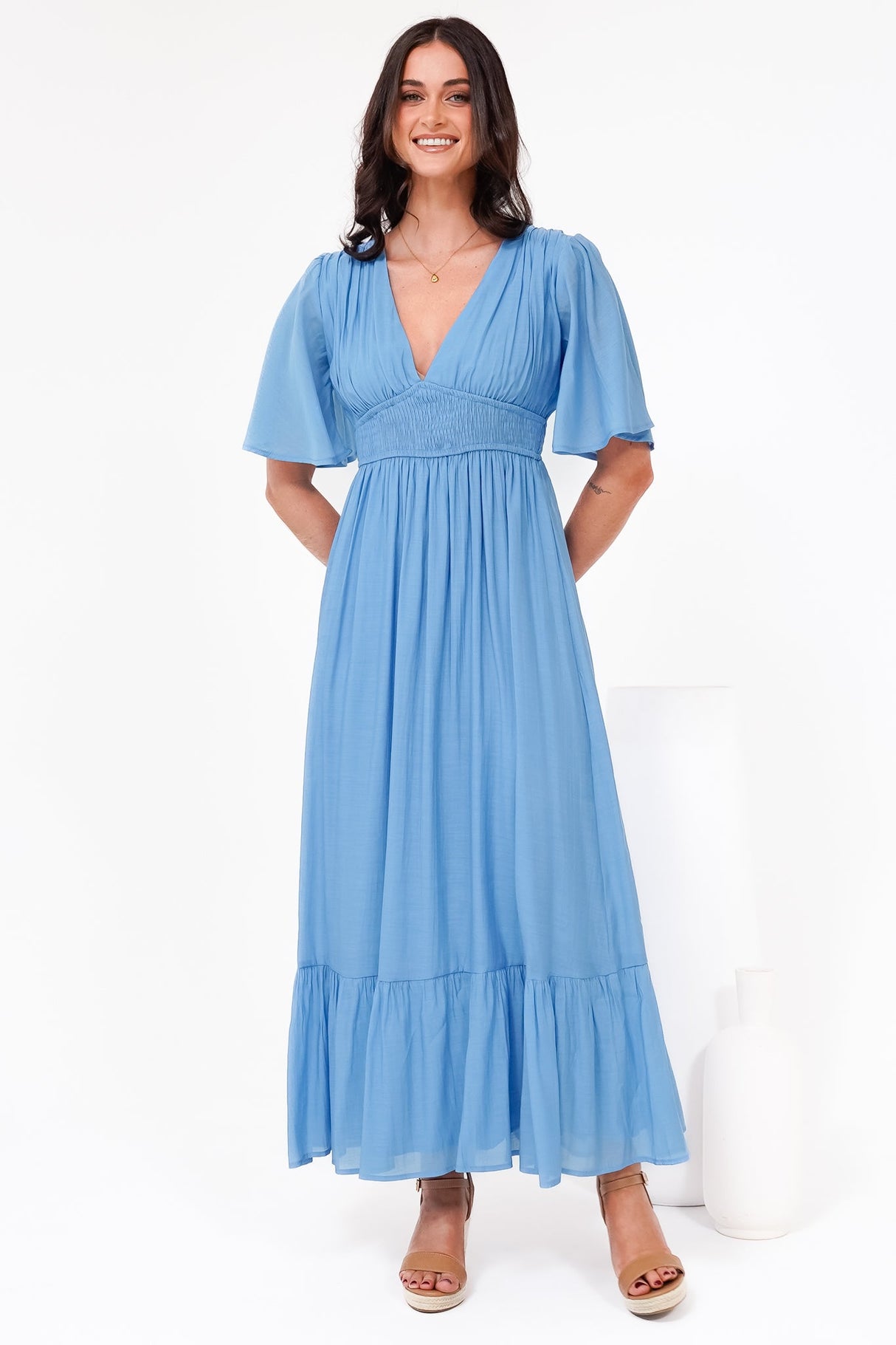 Glades Maxi Dress - V Neck Shirred Waist A Line Dress in Blue