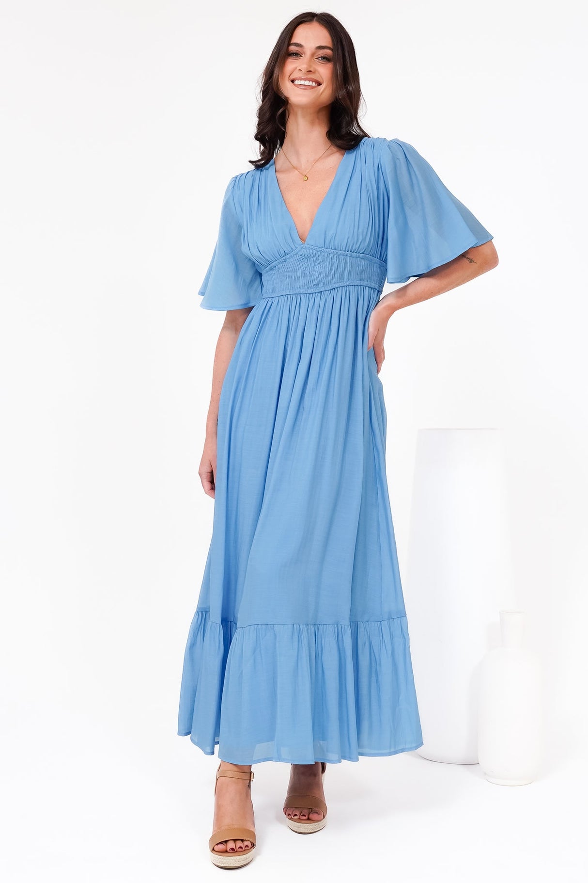 Glades Maxi Dress - V Neck Shirred Waist A Line Dress in Blue